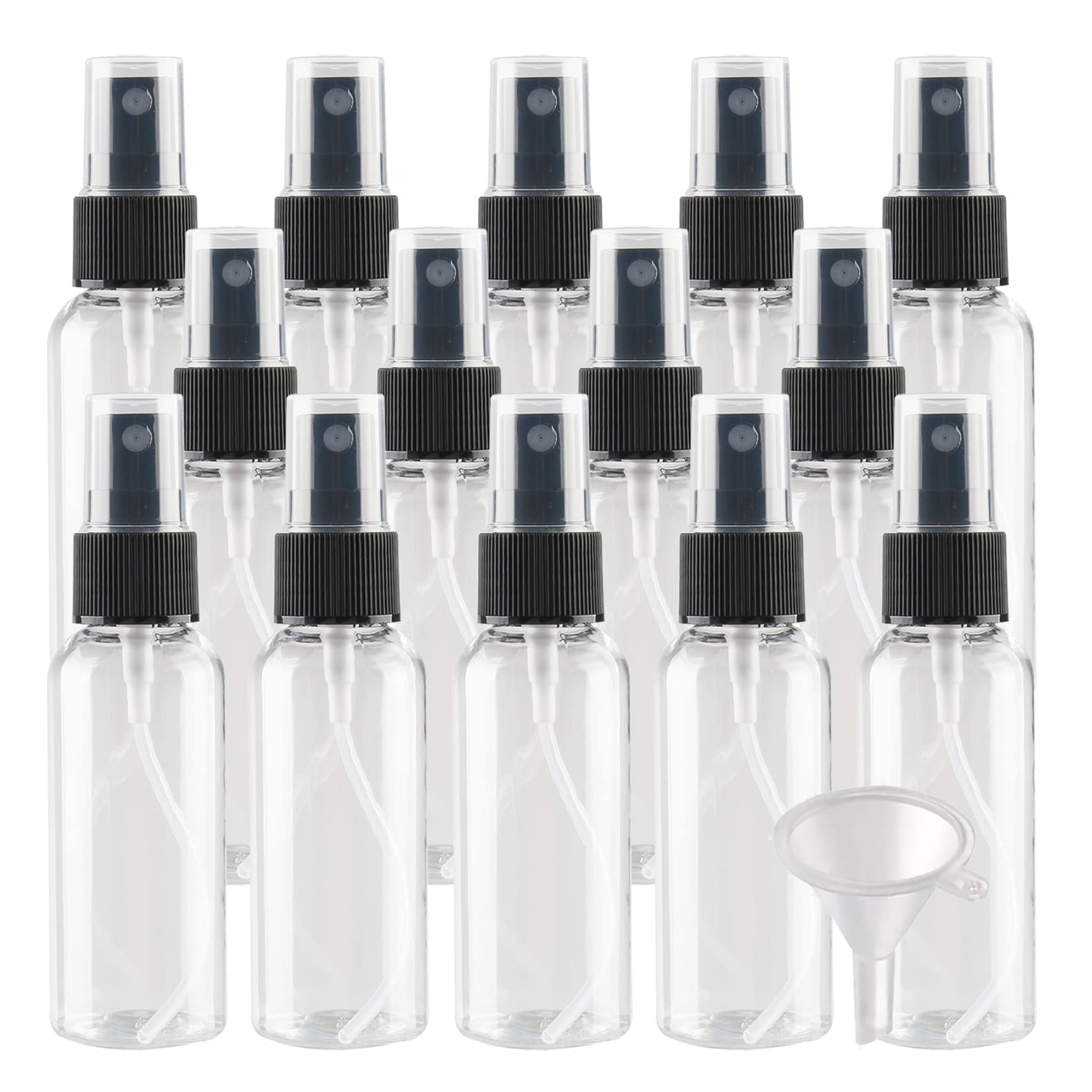 50 Stück Leer 50ml Transparent Plastik PET Sprühflasche Reise Zerstäuber mit Schwarz Sprühkopf, Klein Feinen Nebel Parfümzerstäuber Reiseflaschen mit 4x Trichter