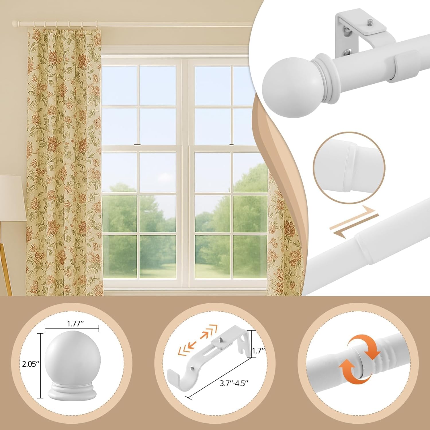Curtain Rods for Windows 40 to 63 Inch (3.3-5.3 Feet), 1 Inch Diameter Adjustable Curtain Rod with Ball Finials, Heavy Duty Metal Drapery Rod Holds up to 30 lbs for Bedroom Living Room - WAZLEX, White