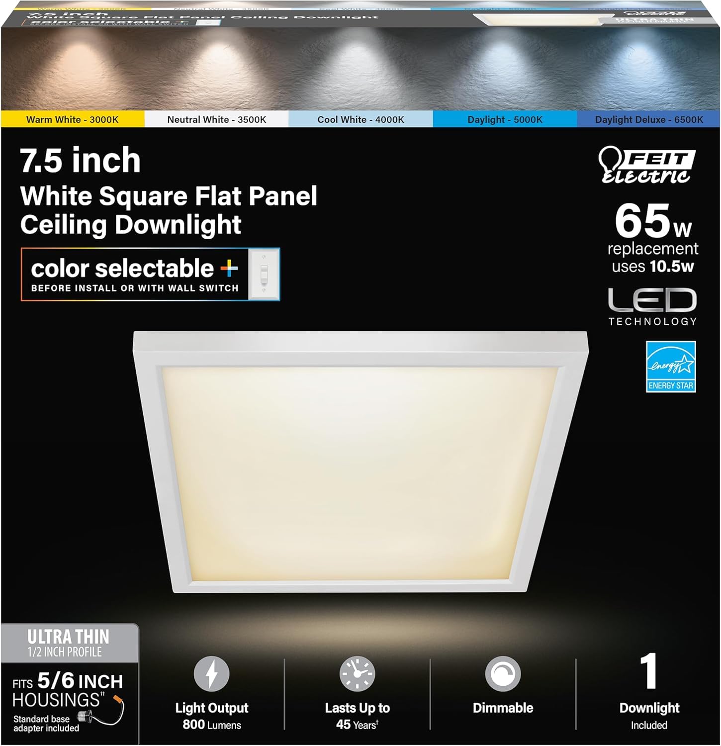 Feit Electric 7.5 Inch LED Square Ceiling Light, Dimmable Flat Panel Light with Color Selection (5CCT), Fits 5/6 Inch Recessed Cans, TP24 Adapter Included (7.6"x 7.6"x 1.3"), 4 Pack, 74208/6WYCA/4