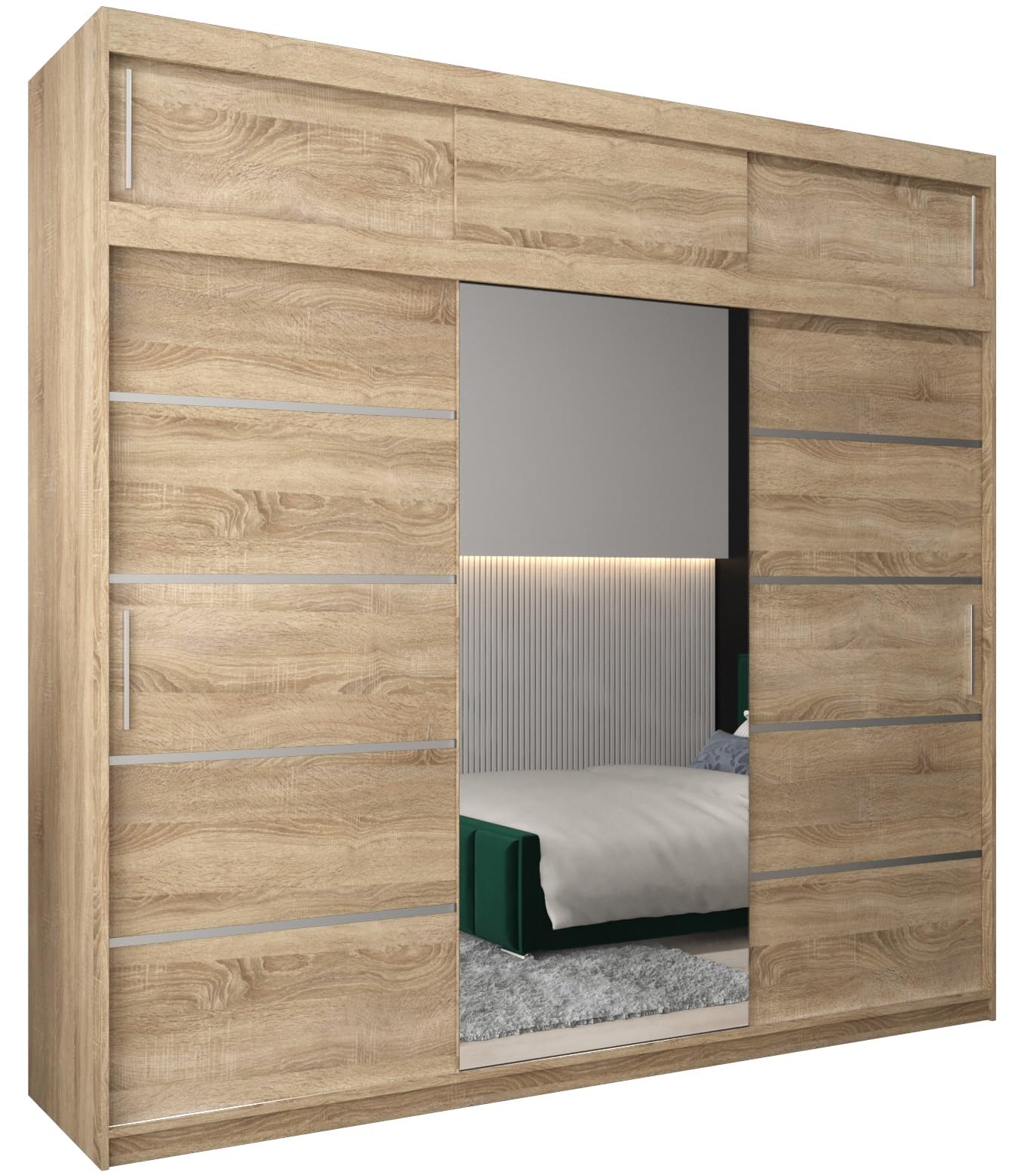 Armadio 250x223h cm con due ante scorrevoli bianco lucido rovere e specchio - Alen