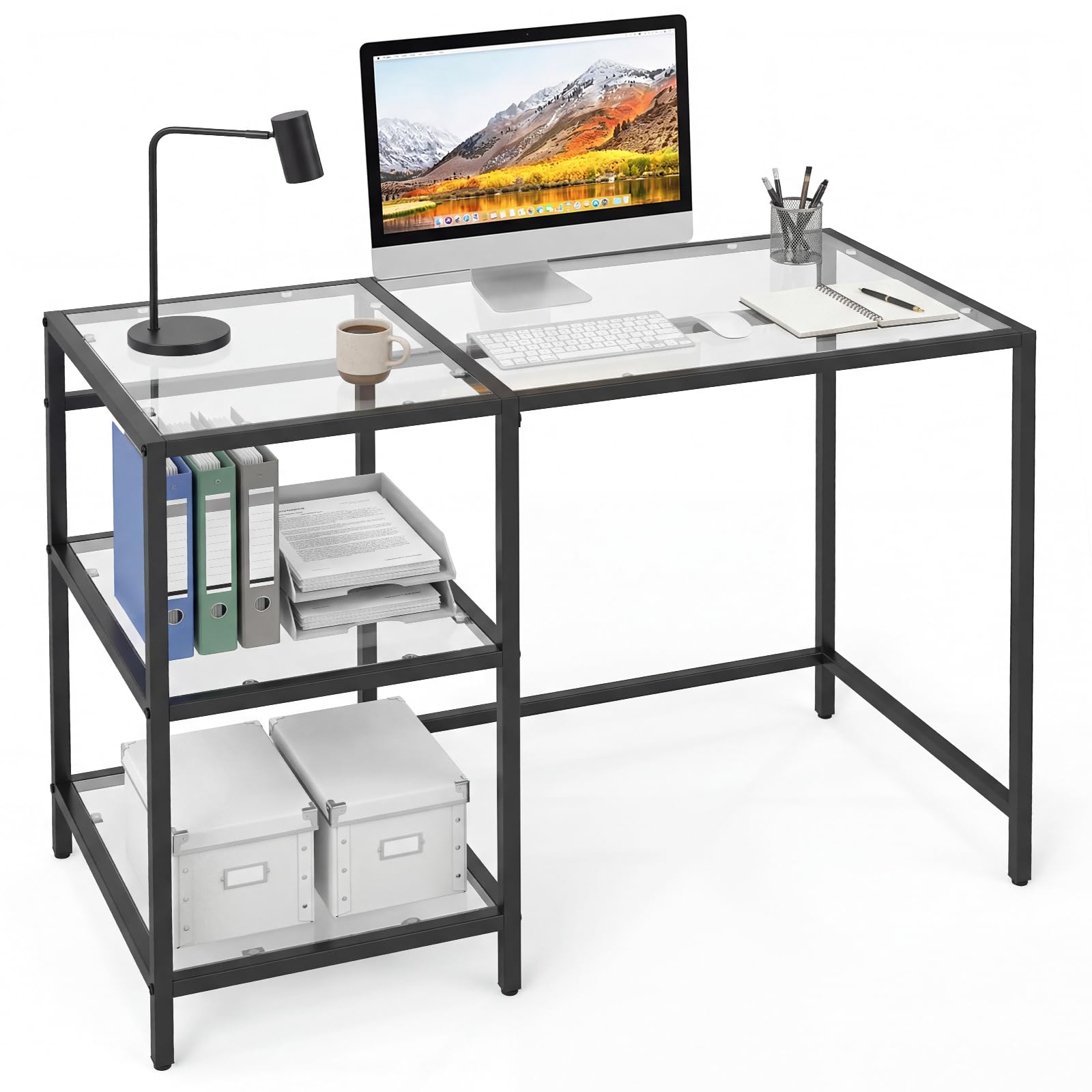 COSTWAY Modern Computer Desk, Tempered Glass Study Table Writing Workstation with Storage Shelves, Metal Frame Working Desk Console Table for Home Bedroom Living Room (Black, 106 x 51 x 77cm)