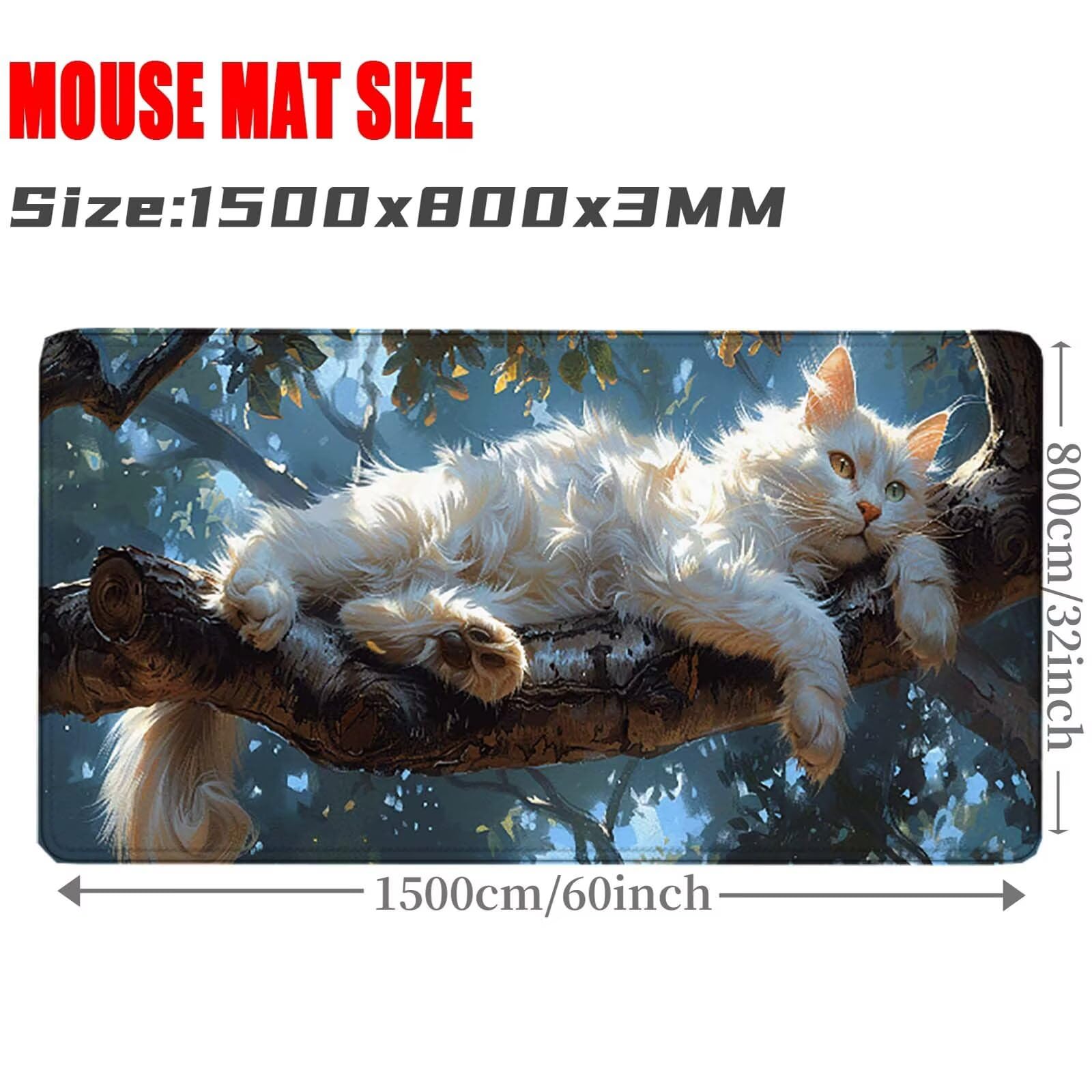 Blanco Alfombrilla Ratón Gato Alfombrilla Gaming XXL (1500 x 800 x 3 mm), Impermeable Mouse Pad con Bordes Cosidos Tapete Escritorio con Base de Goma Antideslizante para Gaming, Oficina -zzg2505Q6