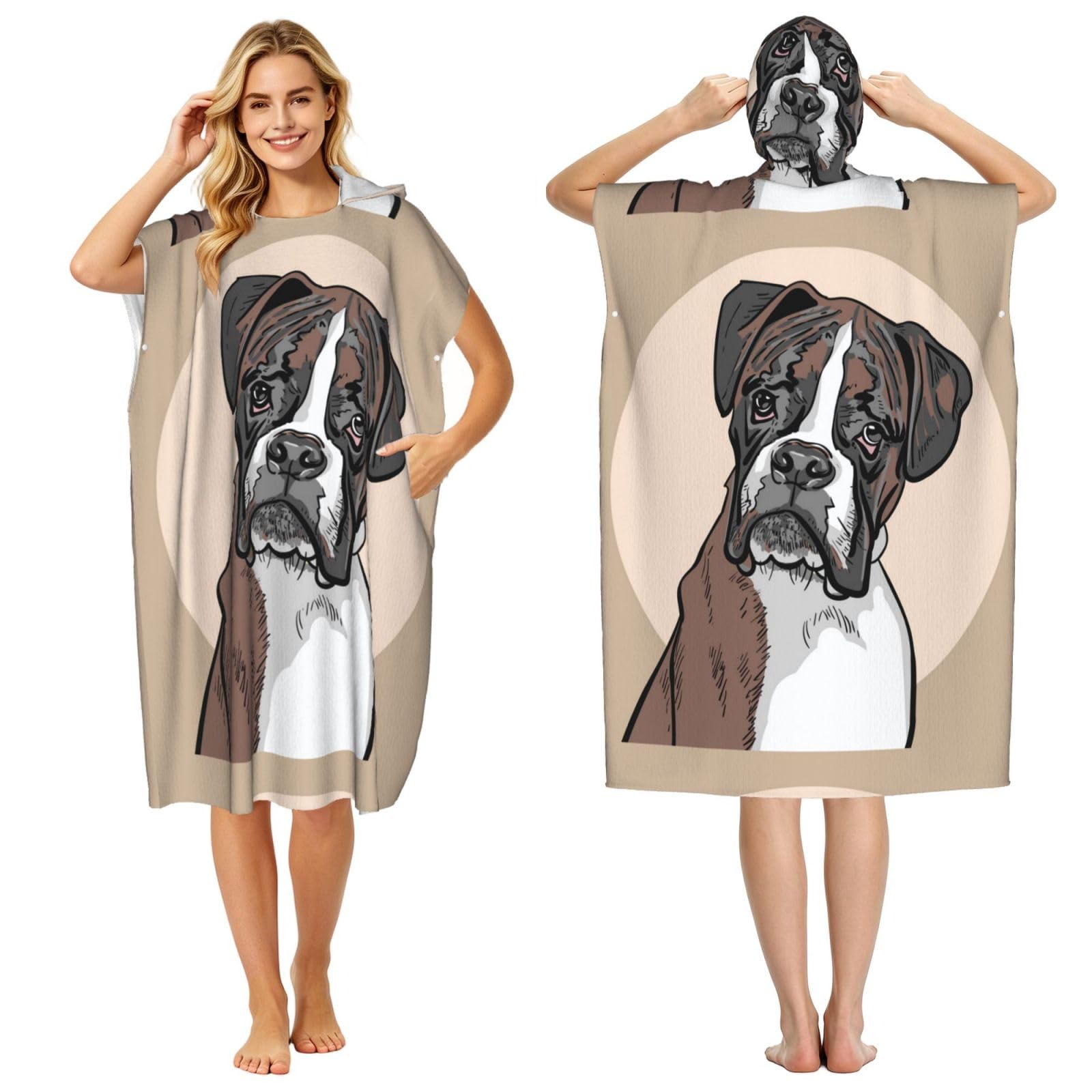 Poadnly Dog Boxer, Adult Hooded Beach Towel 90 x 110 cm,Changing Bath Robe, Surf Poncho Towel For Women Men