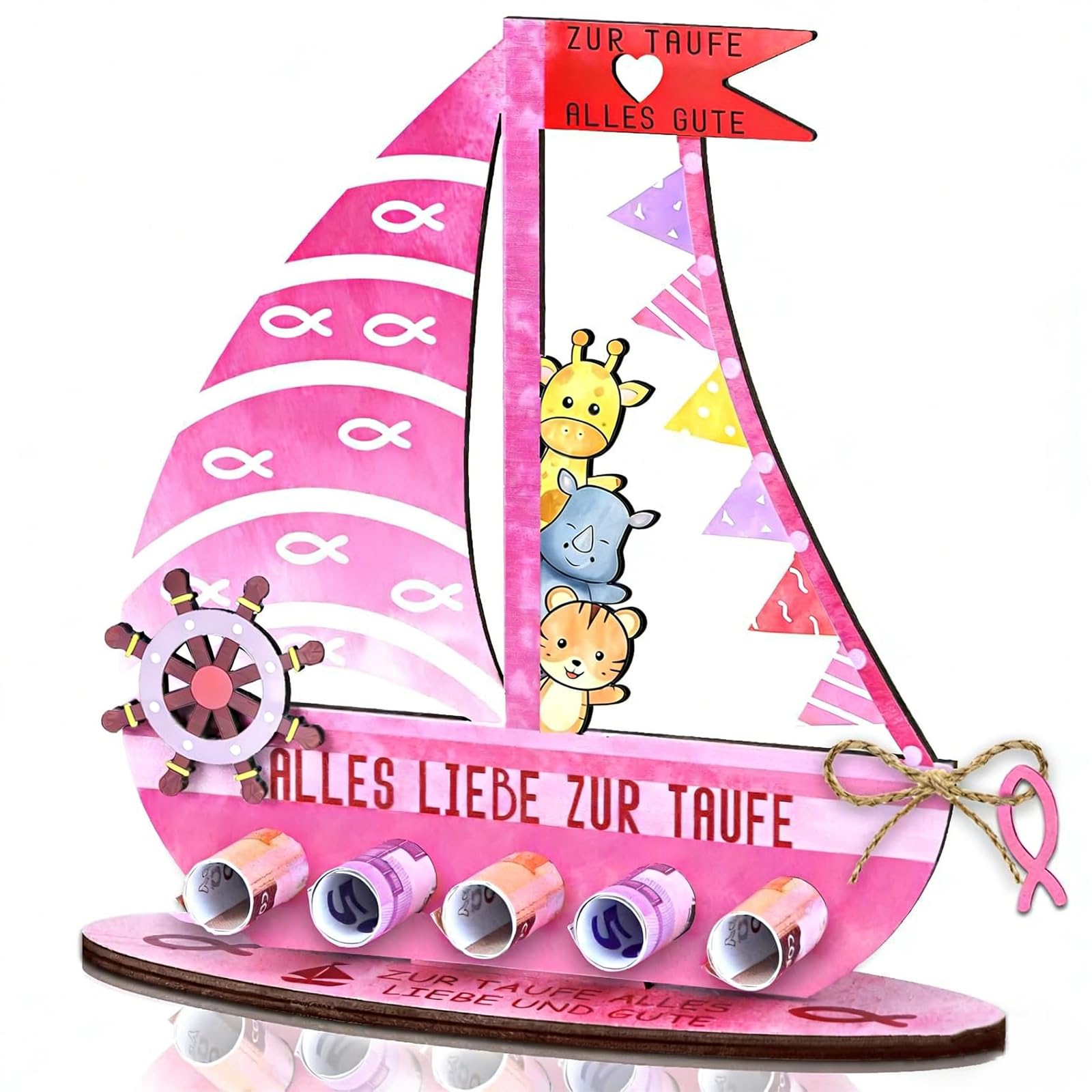 Cadeau Baptême Fille en Bois, Cadeau de Baptême Original pour Bébé Fille, Décoration Arche de Noé Rose, Souvenir pour Communion, Anniversaire et Baby Shower