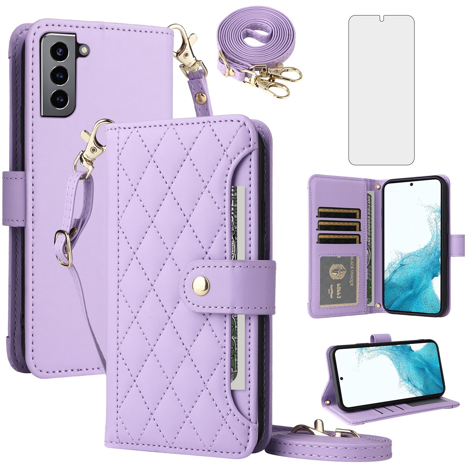 Samsung Galaxy S21 5G coque portefeuille violette étui verre trempé et dragonne