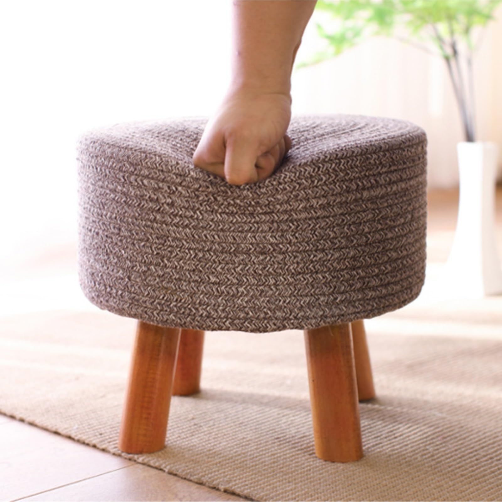 Ottomana Salón Reposapiés Redondo De Hilo Algodón con Patas Madera Maciza For Uso Doméstico Asiento Extra(Grün)