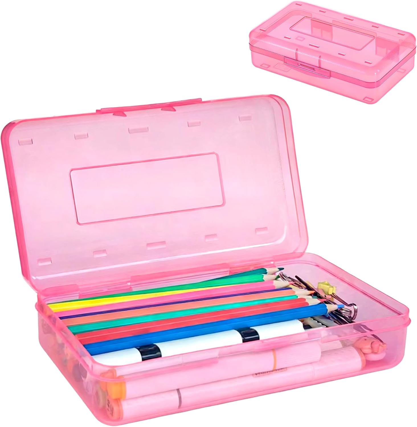Pencil Box, Large Capacity Clear Plastic Pencil Case with Snap-tight Lid, Hard Shell Office Supply Organizer, Stackable Crayon Box for Pens, Markers & Art Supplies, Pink (1 Pack)
