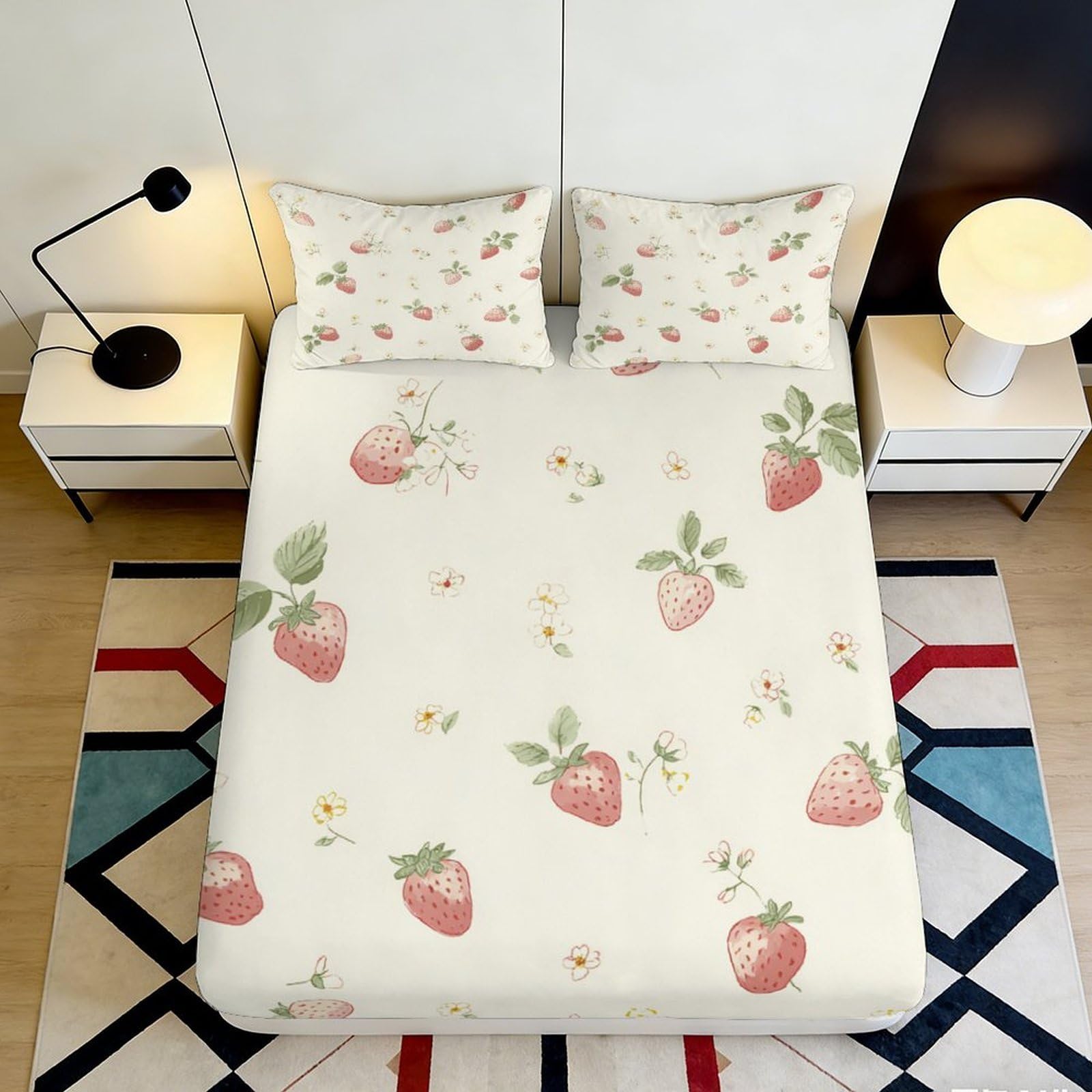 3D Printed Strawberry Fitted Sheet Microfiber Soft Pink Fruit Pattern Bed Sheet for Bedroom Guest Dorm Decor 90x200x25cm