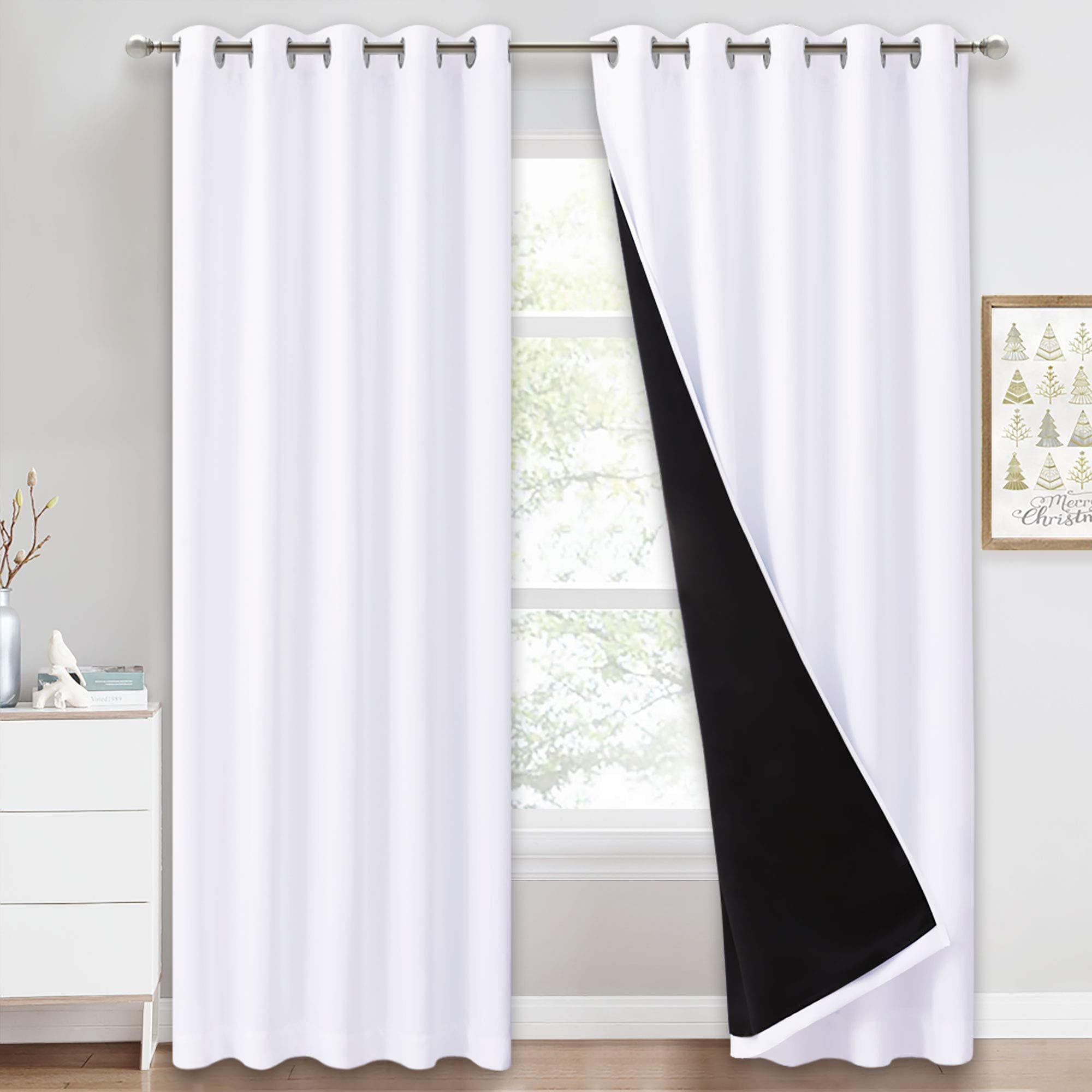PONY DANCE 100% Blackout Double-Layer Curtains with Liner - Thermal Insulated 66x90 Inch Long Curtains for Bedroom Living Room, Energy Energy & Noise Reducing, White Grommet Blackout Drapes, 2 Panels — image 1