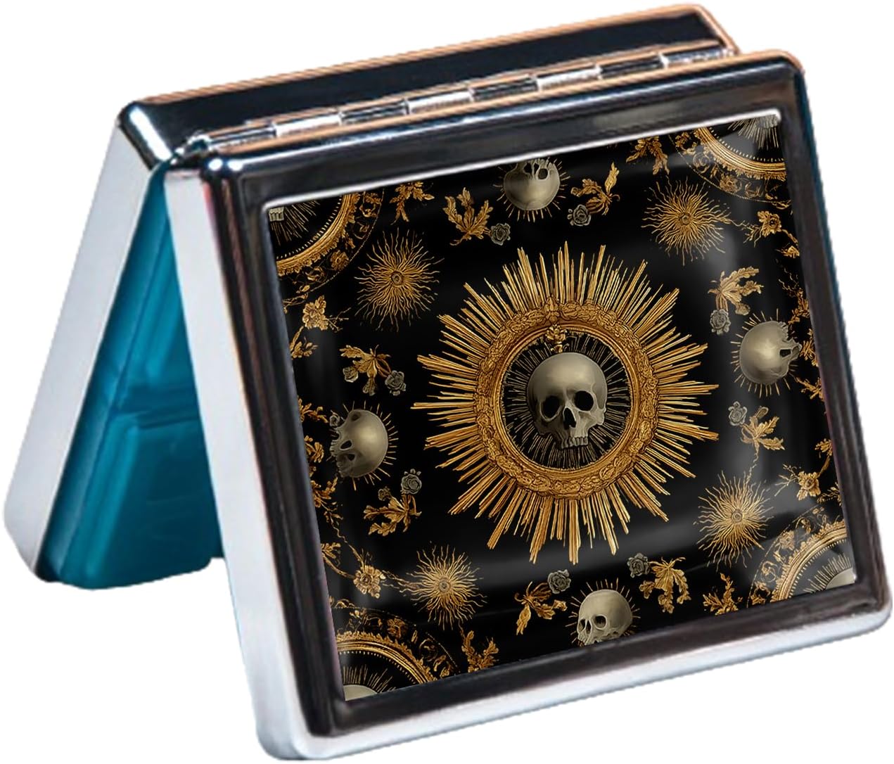 7 Days Chromed Shiny Silver Pill Organizer with Mirror Inside Has 8 Separate Compartments Rectangle,Versatile Storage for Medication - Ideal Travel Accessory (The Skeleton in the Center)