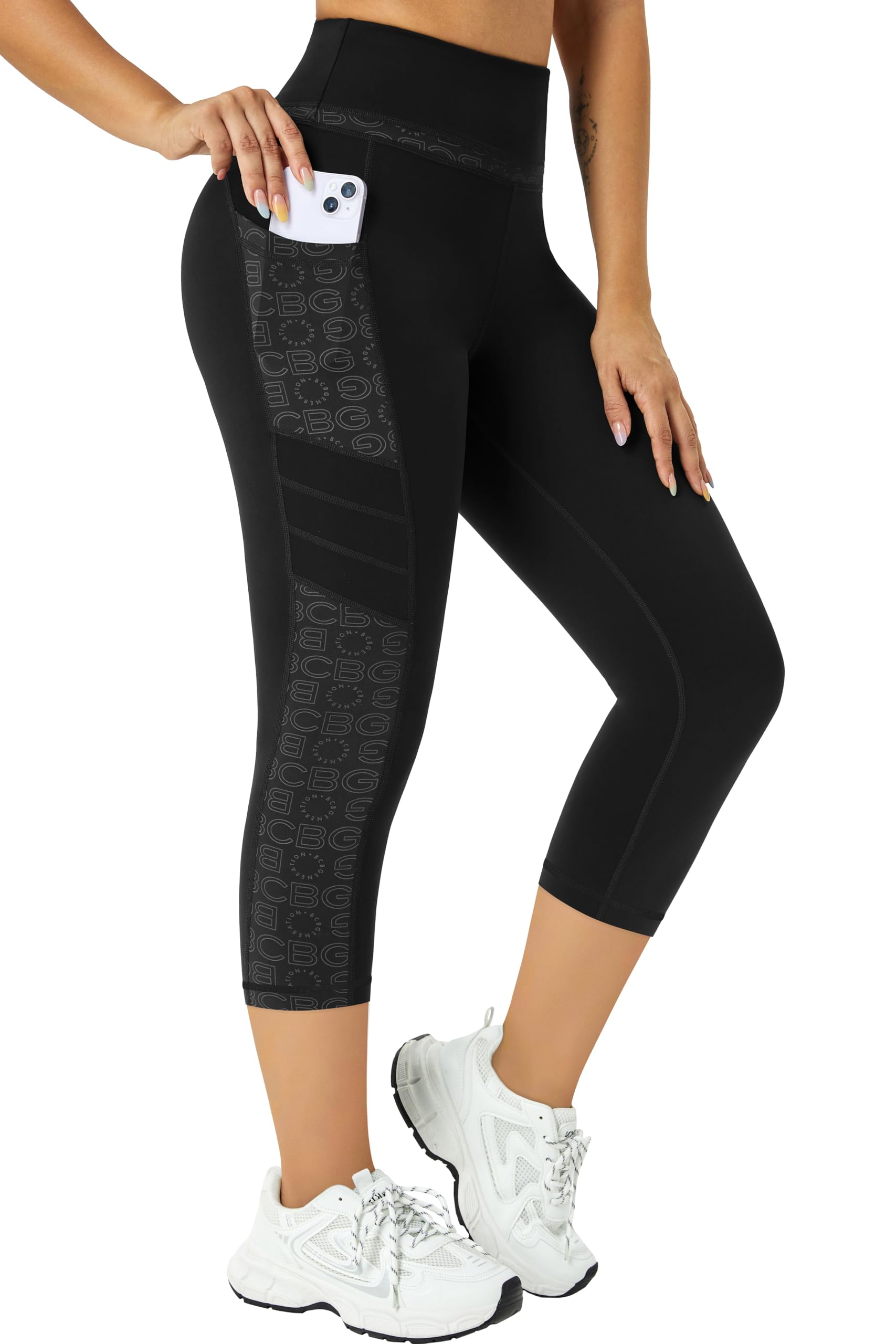 Enjoyoga Leggings Damen 3/4 mit Innentasche - High Waist Sporthose Laufhose für Sport Yoga Gym