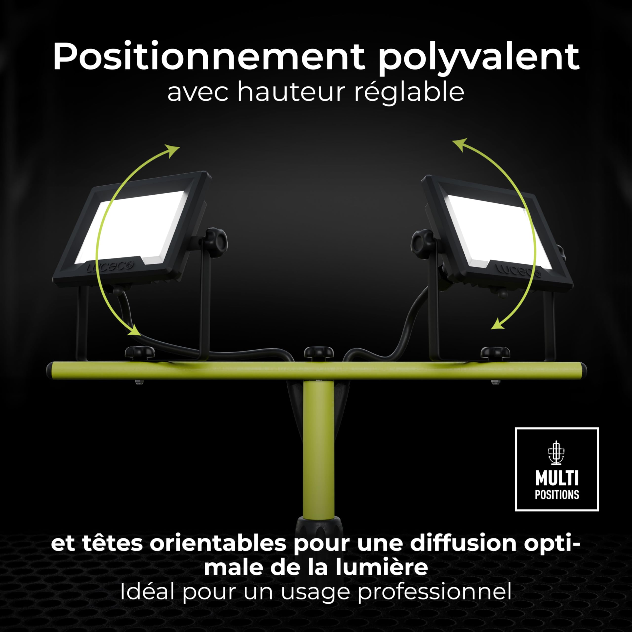 Luceco Treppiede LED a Doppia Testa da Lavoro, Sottile, Regolabile, Multiposizione, Pieghevole, Cavo da 3m, Resistente alle Intemperie, Nero/Verde, IP65, 2 × 20W, 3200lm, 5000K, EFLDTT20B50