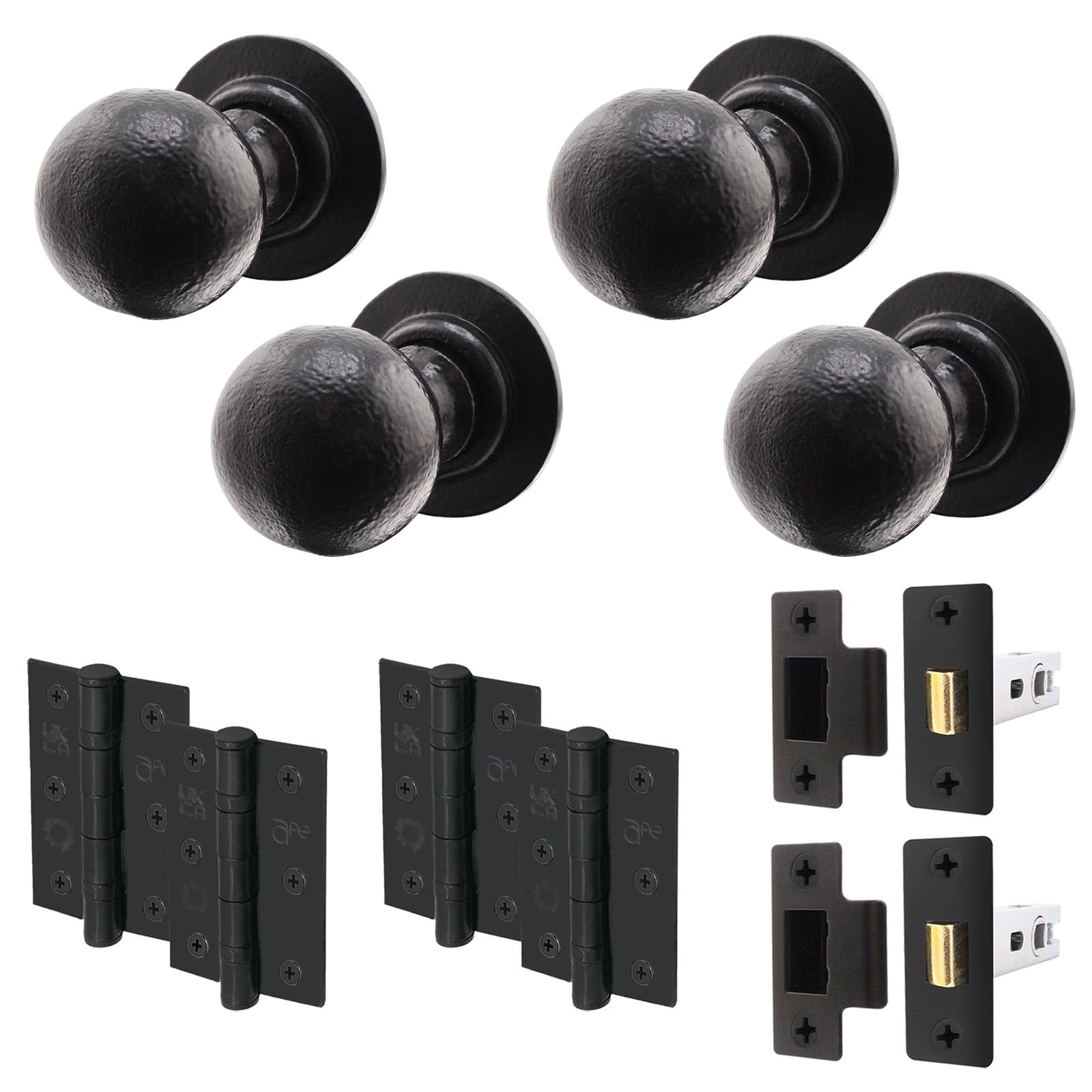 Eai Black Iron Door Knob Set - 2 Pairs Of Cast Iron Antique Ball Mortice Knobs, Latches (76Mm) & Hinges (76Mm)