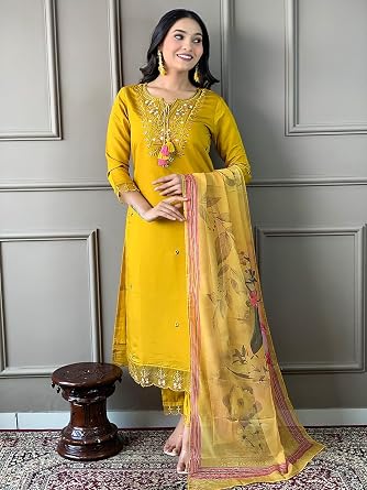 Indian Women's Mustard Chanderi Silk Embroidered Kurta with Pant and Dupatta Set