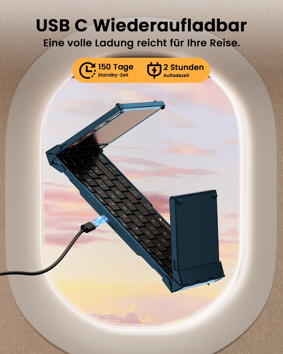 ProtoArc XK01 TP Klawiatura Bluetooth składana z touchpadem – QWERTZ niemiecki z gładzikiem, klawiatura iPad do iOS, Android, Windows Laptop PC Tablet – niebieska