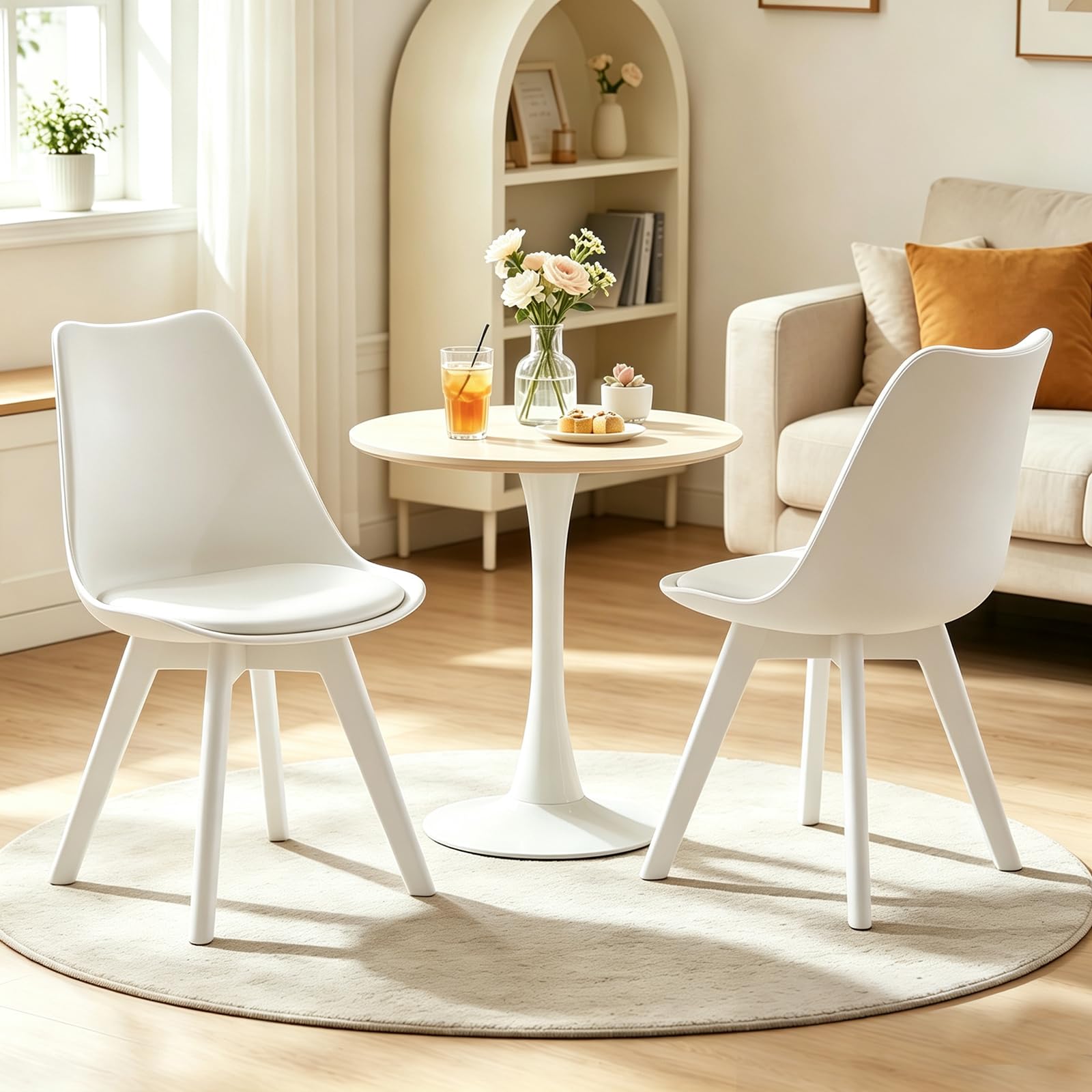 WXJHL Dining Chairs Set of 2,Mid Century Modern Dining Room Kitchen Chairs with Curved Back,Upholstered Padded Seat Accent Chairs for Dining Room,Kitchen,Living Room(WHITE)