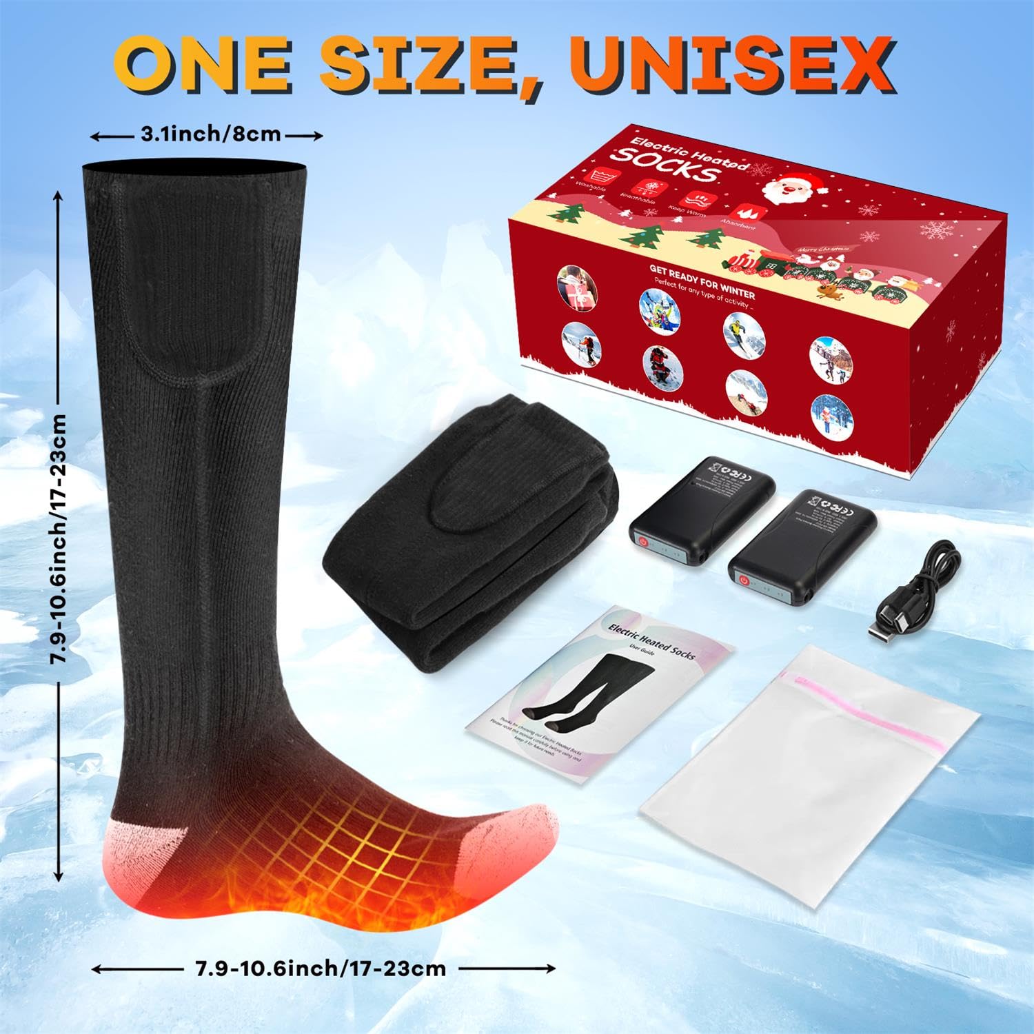 Chaussettes Chauffantes, Johelitt 2×4000 mAh Rechargeable Chaussette Chauffante avec 3 Réglages de Chaleur électriques Chaussettes Chauffées pour Le Ski en Plein Air l'hiver Camping Randonnée
