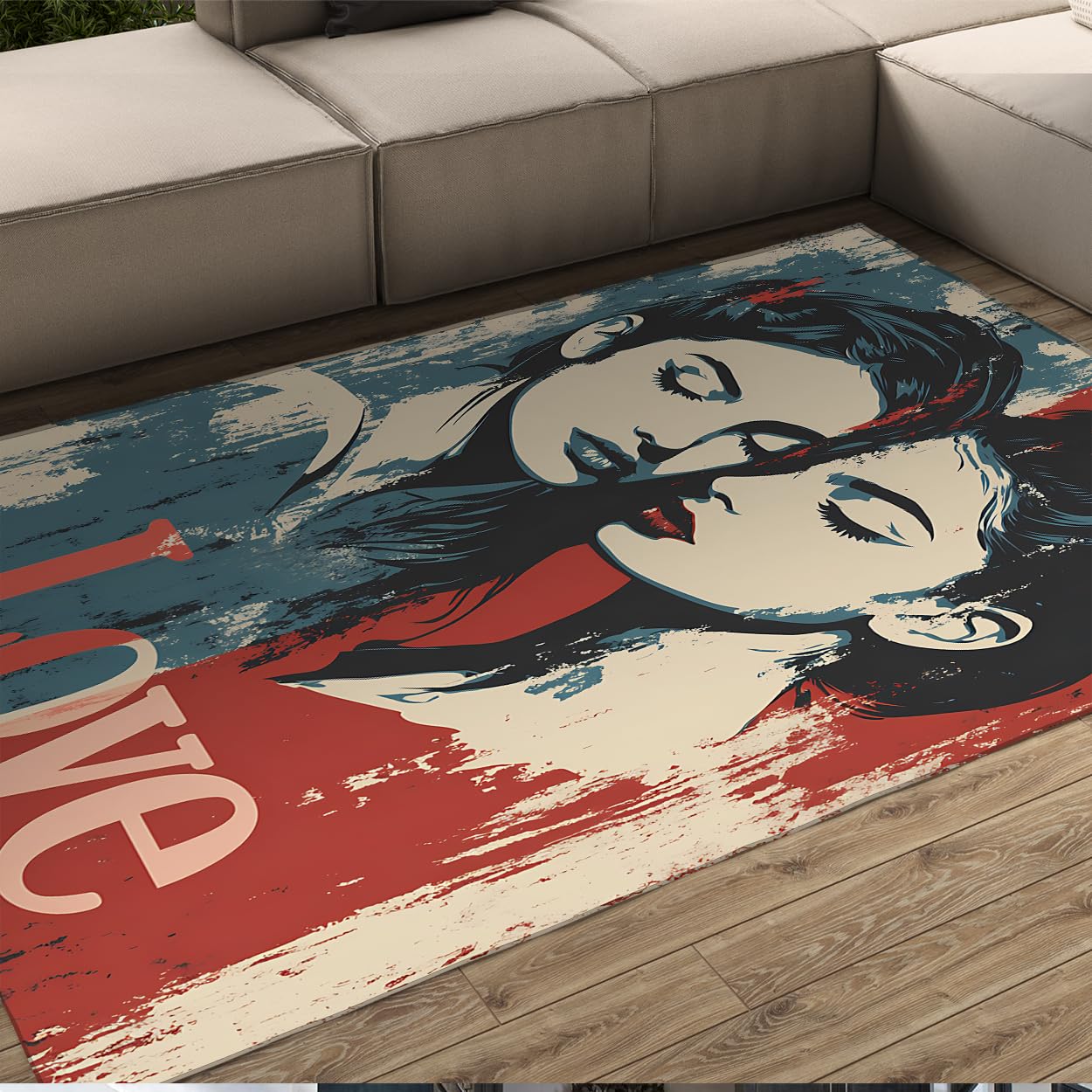 Pop Art Love Indoor Rugs 150x210cm Mujeres de Moda adoptando el patrón Alfombra de Pelo bajo Degradado de Azul y Rojo Estilo Bloques de Color Decoración del Dormitorio