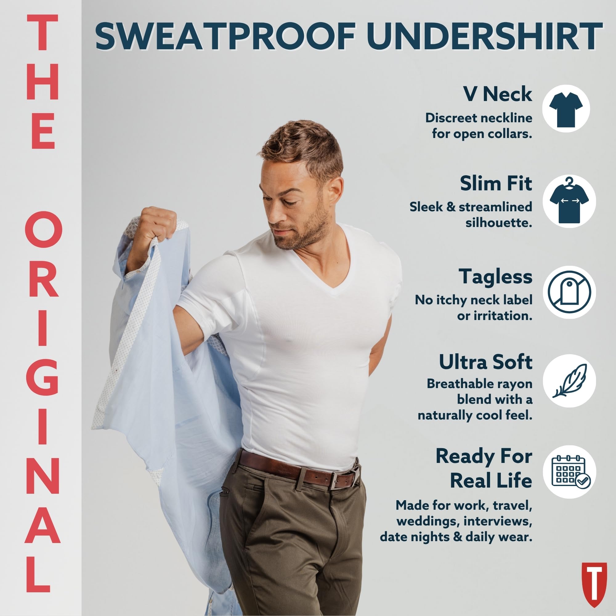 Thompson Tee - Maglia Intima blocca-Sudore - con Pad sotto-Manica Anti-Sudore - Modello Slim Fit - Scollo a V - Bianco