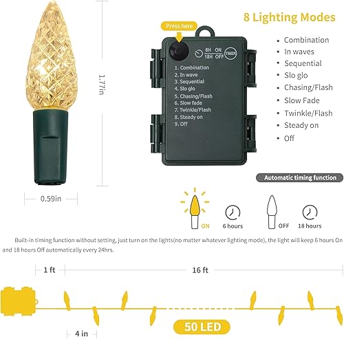 Miniatura 2 de Blissun C6 - Tira de luces LED de Navidad, 50 luces LED de 17 pies de Navidad para exteriores con 8 modos de iluminación, luces de alambre negro