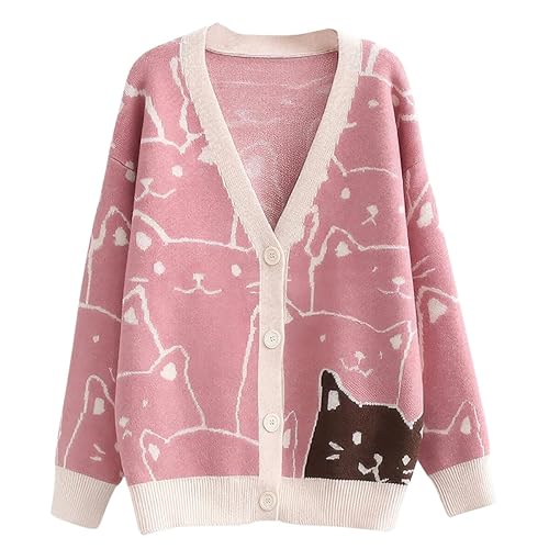 ebossy Women's Kawaii Cartoon Cat Cardigan Japanese Aesthetic Button Down Jacquard Knit Sweater Coat