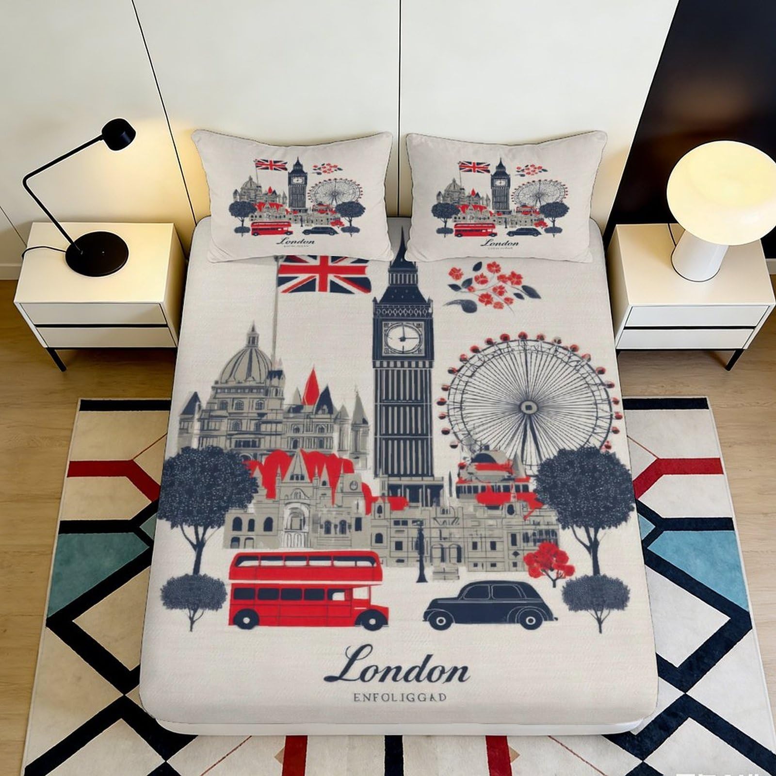 3D Printed London Landmark Fitted Sheet Microfiber Deep Pocket Non-Slip Bedding Set London Theme Mattress Fitted Cover Washable 200x200x25cm 90x200x25cm