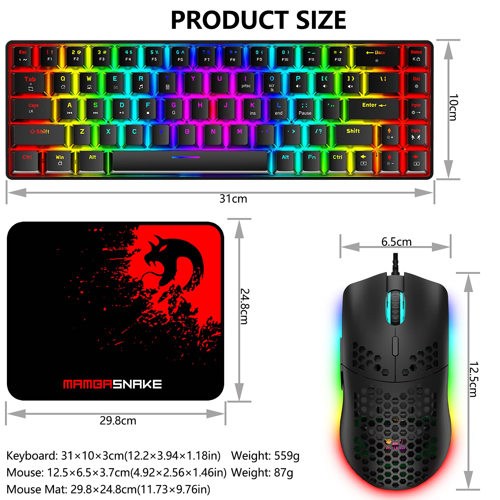 ZIYOU LANG RGB Teclado y Raton Gaming, 68 Teclas Blue Switch 60% Mini Teclado Mecánico QWERTY, 6400DPI Ajustable Panal Ligero Mouse, USB Cableado, Compatible con Windows Mac PS4 Xbox, Negro