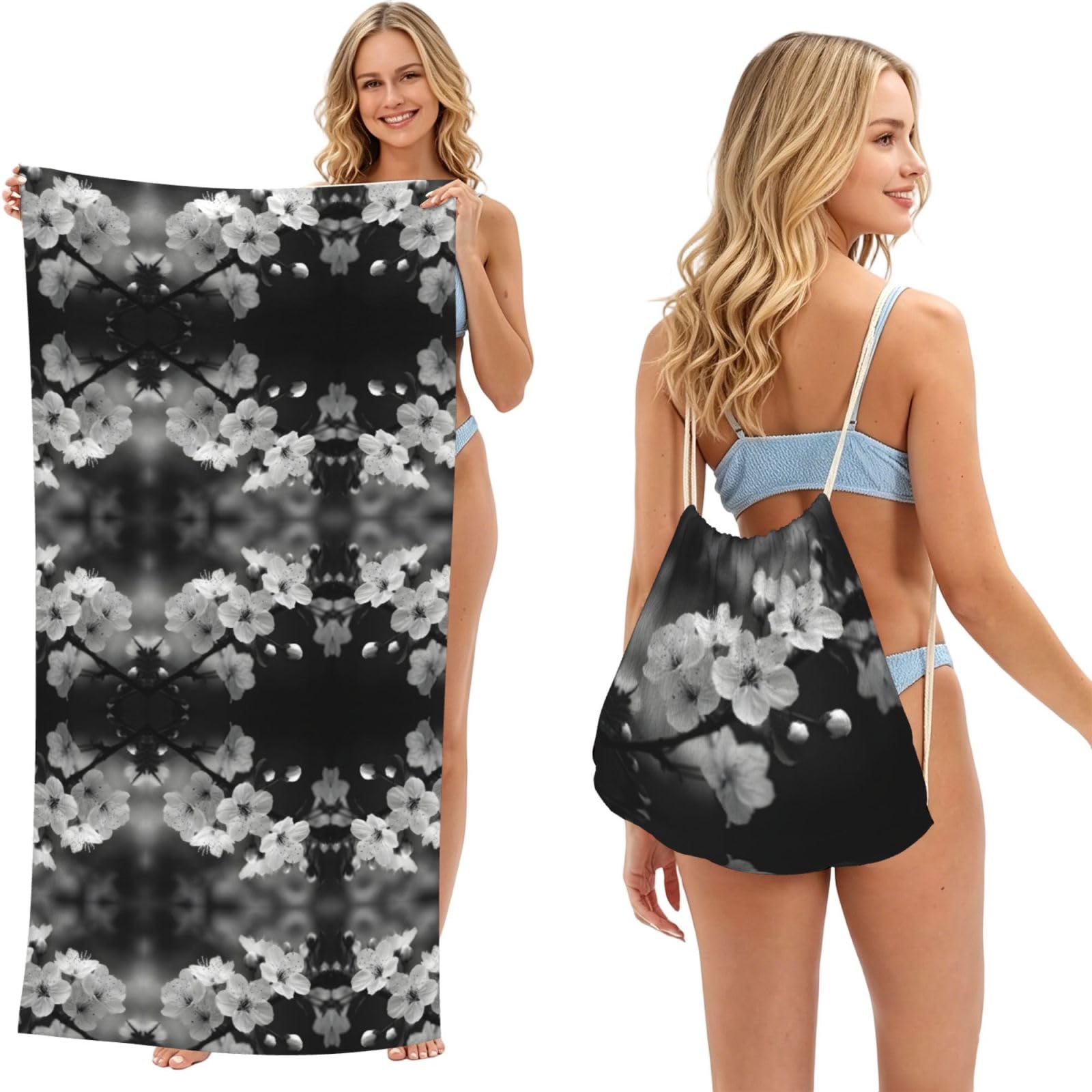 ESNAIUVCD Cherry Blossoms Print Beach Towel For Adults,Towel With Drawstring Bag, Travel Pool Swimming Sports Shower Sand Free Quick Dry Bath Towel For Pool, Beach, Yoga- 180x60cm