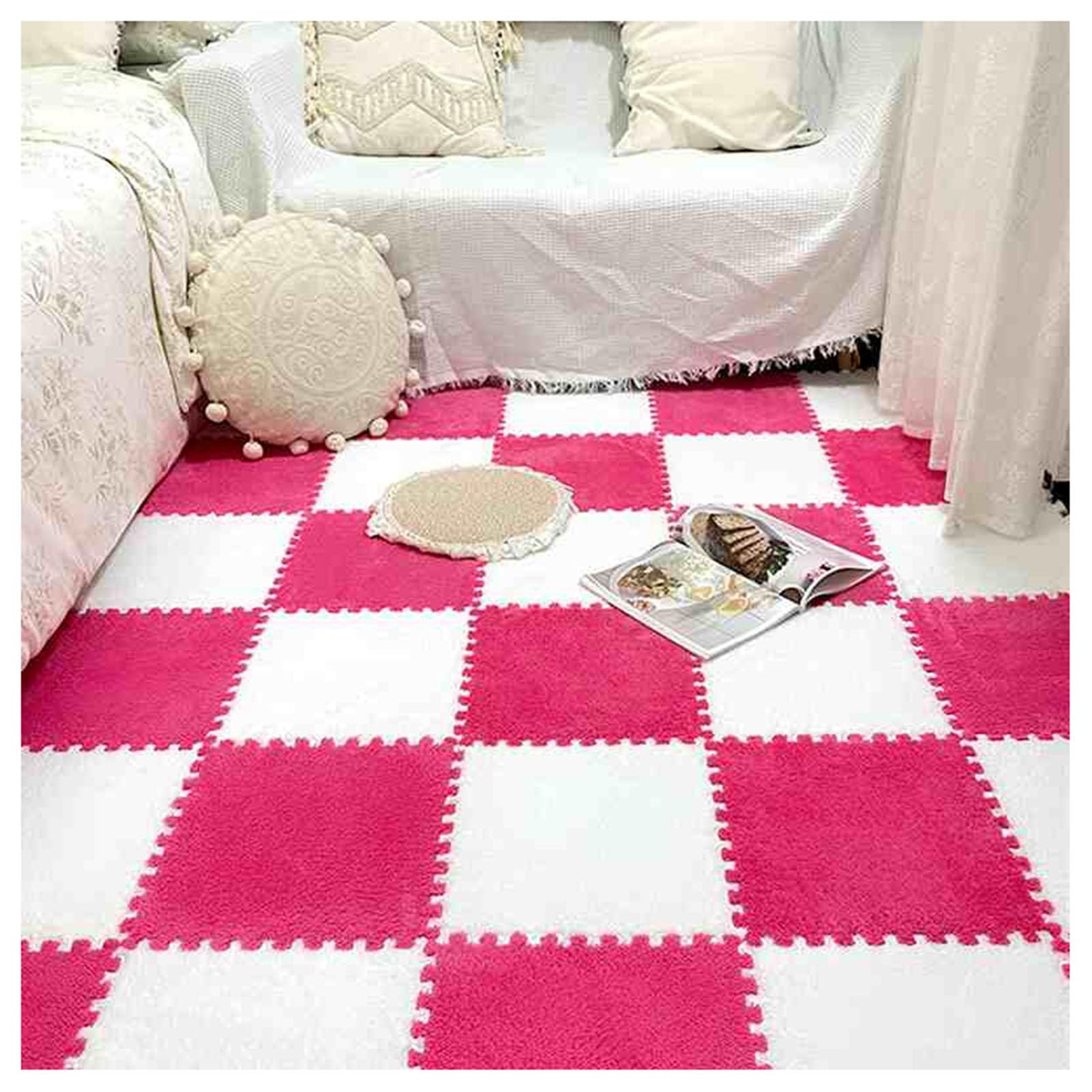 Mata podłogowa z pianki, 12 sztuk blokujących mat piankowych do puzzli 30x30x1cm(Rose Red+White)