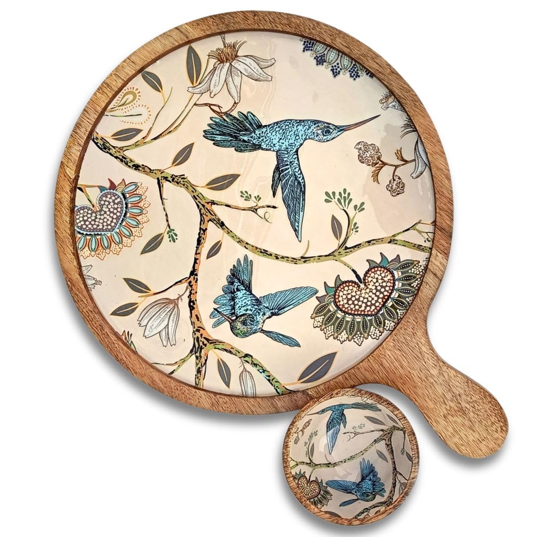 Hartsmede Serving Paddle Tray with Bowl – 12" Handmade Mango Wood Charcuterie Board with Floral Enamel Pattern, Rustic Cheese Fruit Snack Serving Board for Parties or Housewarming Gift – Hummingbird