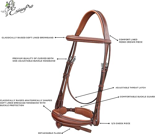 Miniatura 4 de Exion Doma Brida corona mono, banda de ojo elevada, banda nasal anatómica, destello desmontable y riendas de red
