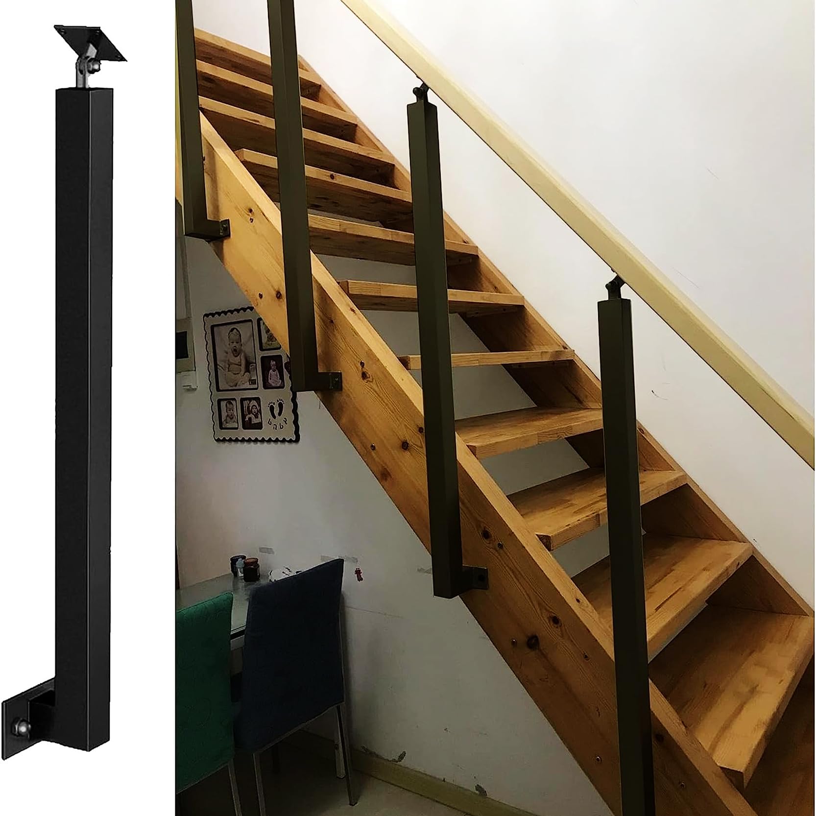 GLDYTVF Side Mount Banister Spindle Post,Black Metal Safety Stair Handrail Column,with 270° Adjustable Wall Mount Square Column Stair Railing,for Lofts Hallway Steps(Size:75cm/29.5inch)