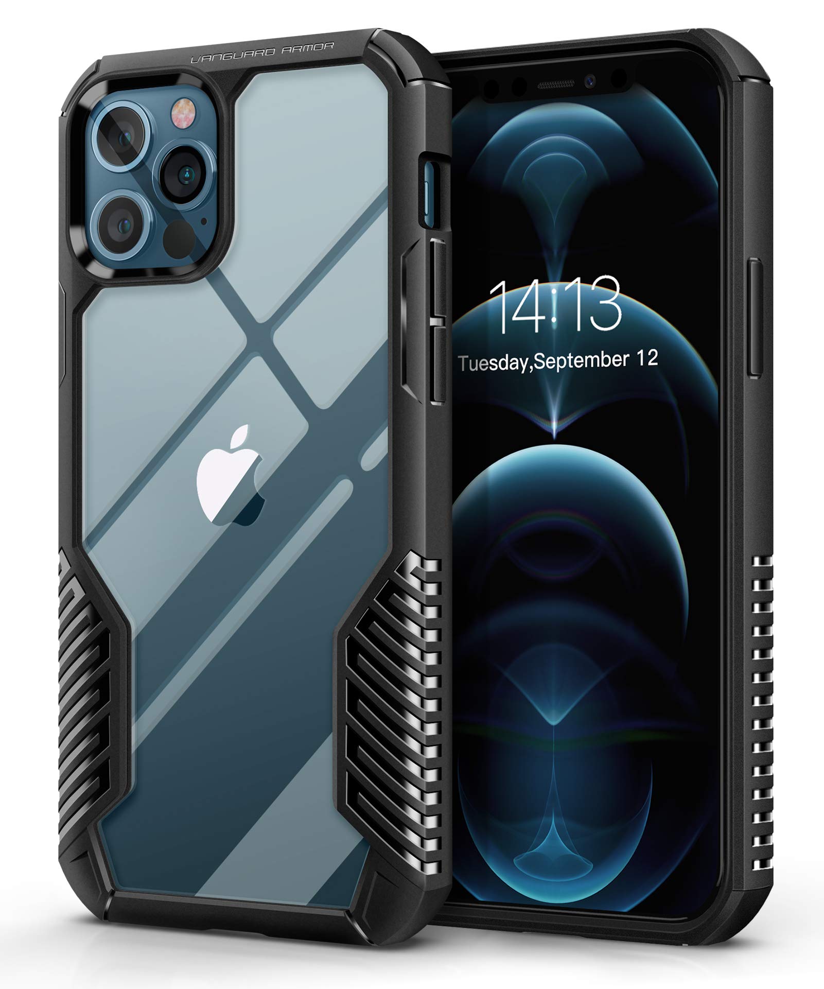 Compatible with iPhone 12 Pro/12 Case 2020, Vanguard Armor Protective Phone Case Cover, Military Grade Heavy Duty Shockproof Slim Clear Case 6.1 Inch (Matte Black)