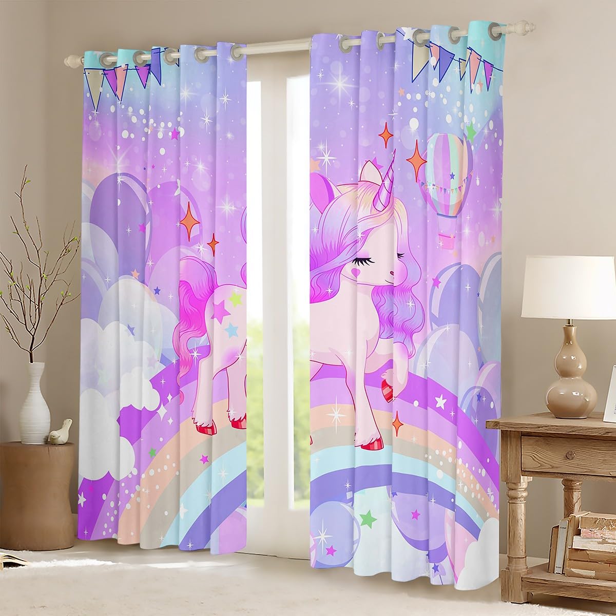 Loussiesd Unicorn Girls Window Curtains for Bedroom Living Room Cute Rainbow Unicorn Curtains Cartoon Window Drapes Treatments Kids Galaxy Stars Magical Purple Unicorn Animal Room Decor W46*L54 - Image 2