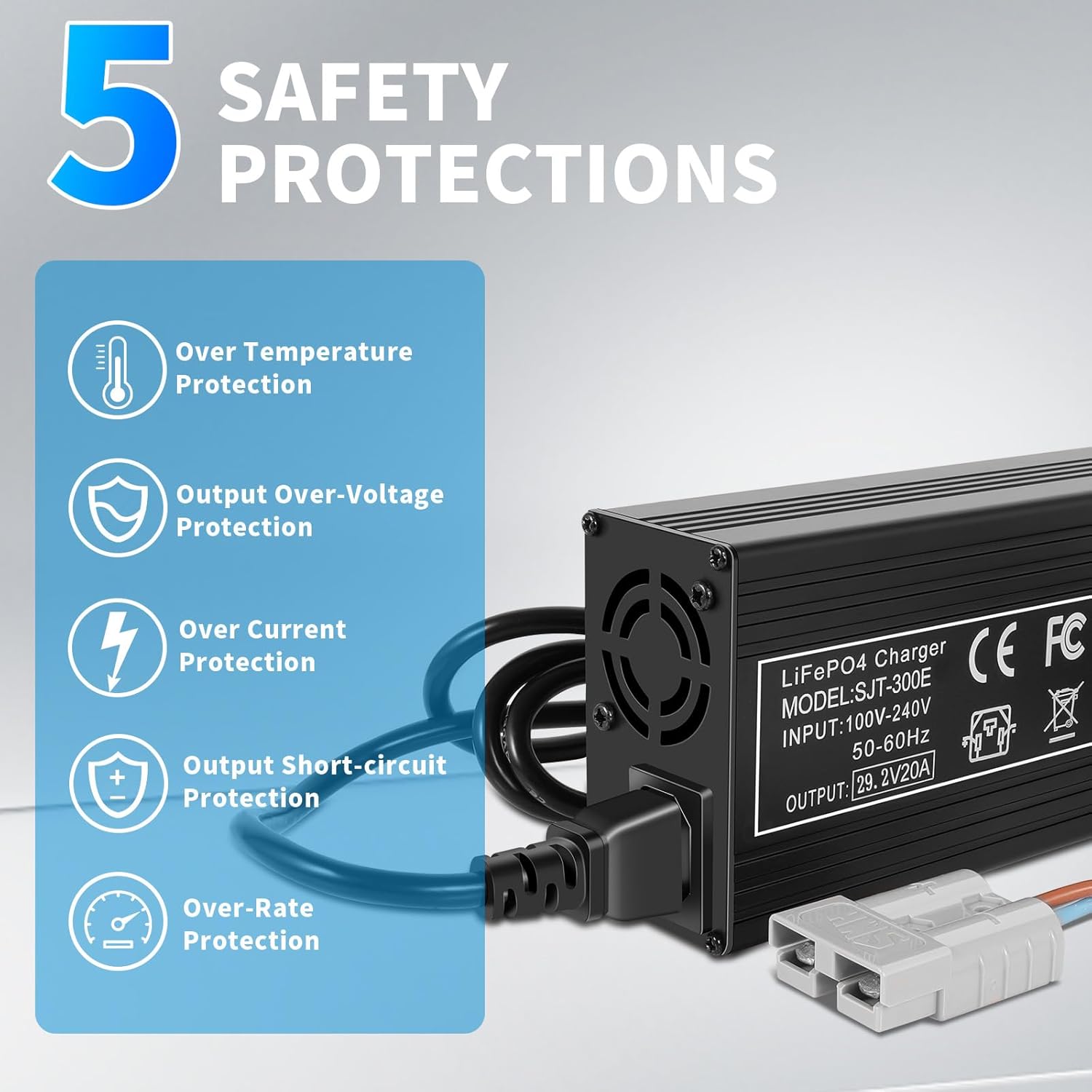 Roche Limit 29.2V 20A LiFePO4 Battery Charger Designed for 24 Volt LiFePO4 Battery, 5 Built-in Safety Protections, Fast AC-DC Battery Charger, Support 0V Charging Function and LED Indicators