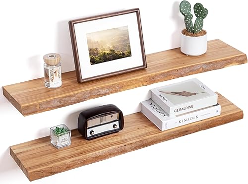 Miniatura 18 de Estantes flotantes para decoración de pared, estantes flotantes rústicos de madera maciza de olmo con borde vivo, estantes de pared con soporte