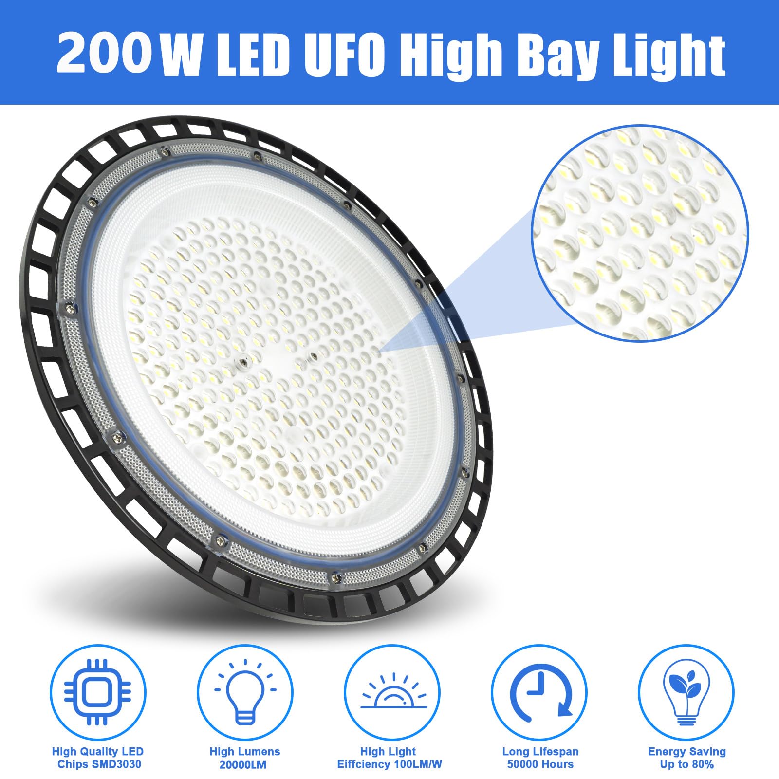DIKHEE Faretto LED UFO, Luce per Negozio a LED High Bay da 200W con 1 Metro Catena, Luce per Baia Super Luminosa da 20000LM 6500K, Illuminazione Commerciale Impermeabile IP65 per Magazzino, Garage
