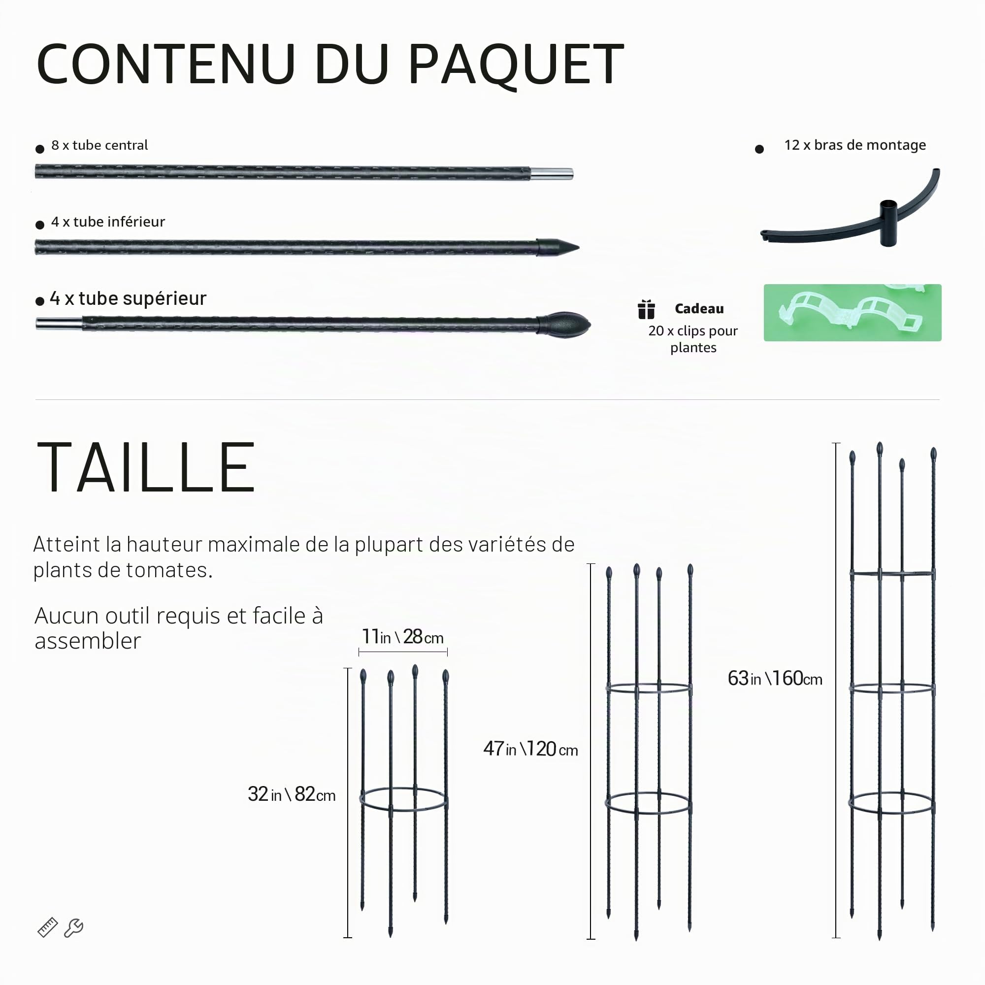 ThxToms Tuteur de Jardin en métal 160 cm avec 20 Clips pour Plantes | Cage à tomates, Support pour Plantes, obélisque, Treillis d'escalade | Plantes, tomates, Roses, Noir