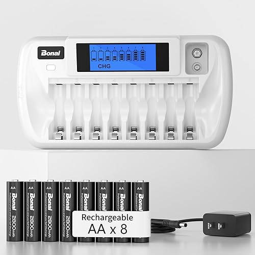 Miniatura 10 de BONAI Baterías AAA recargables con cargador, cargador de batería de 8+1 bahía AA AAA con pantalla LCD para 1.2V NiMH NiCD AA AAA 9V, 1100mAh alta