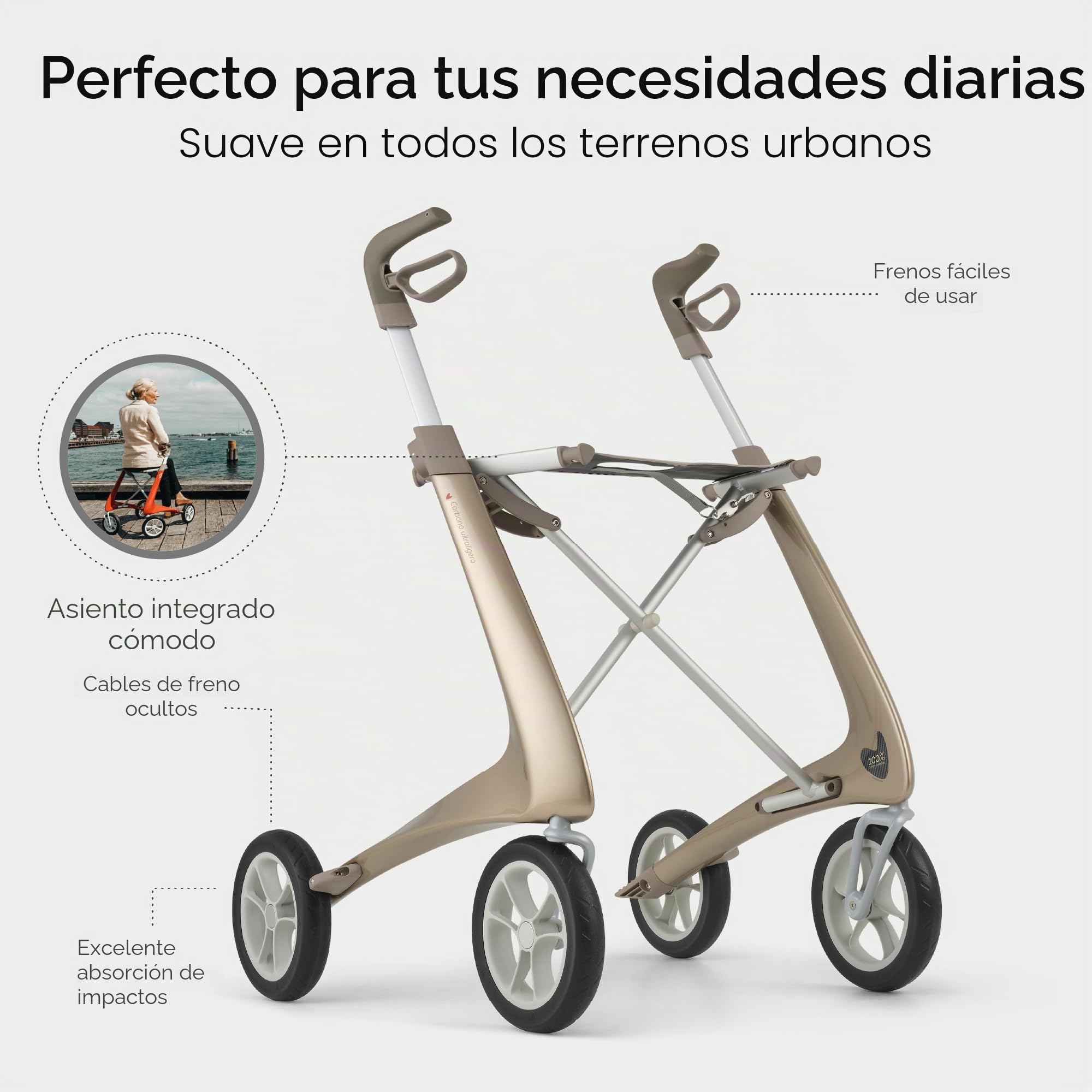 byACRE Andador Carbon Ultralight, 4,8 kg, Compacto, Oro Champán | El andador de carbono más ligero del mundo con asiento para mayores, ultraligero y plegable, interior y exterior