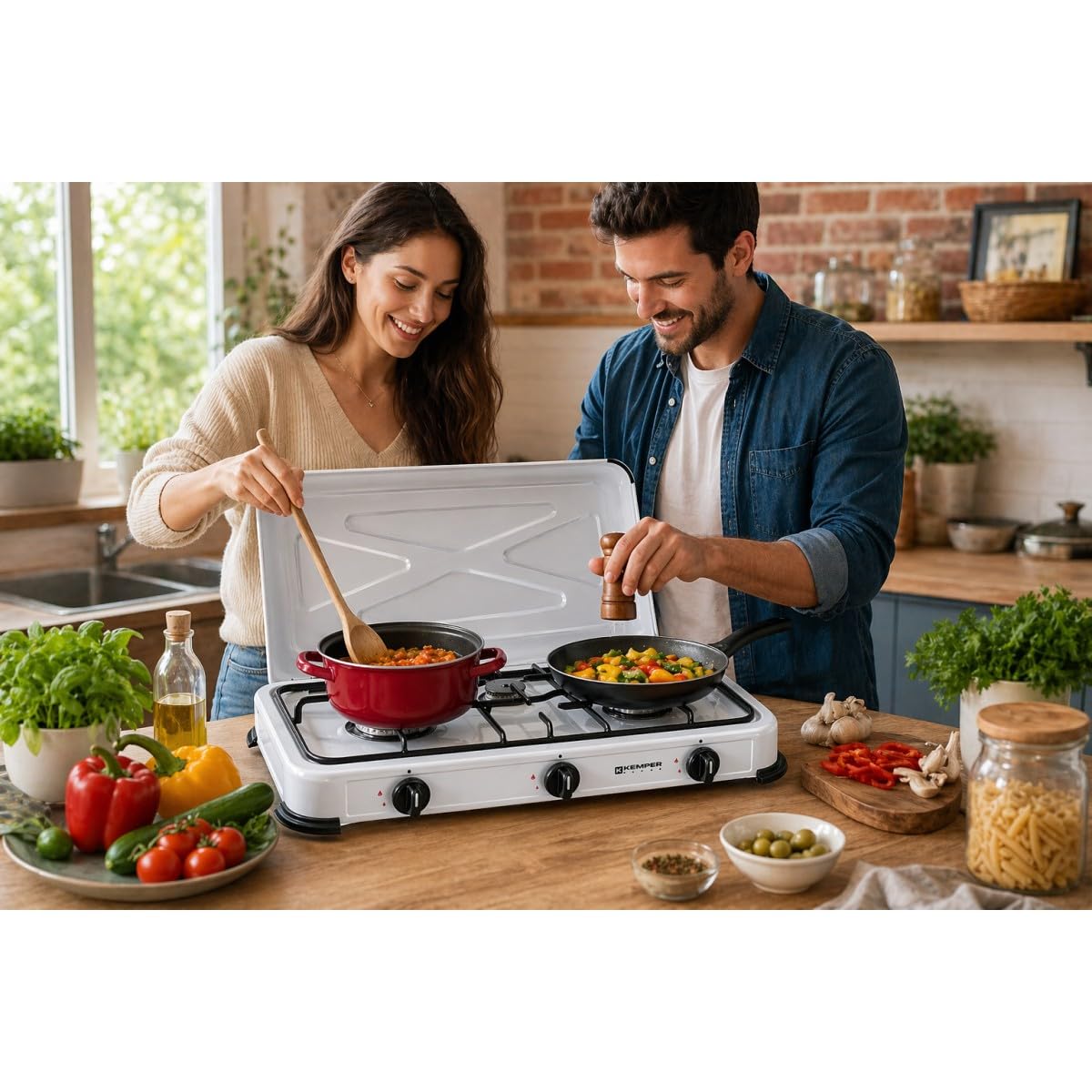 KEMPER - Réchaud Gaz Portable 3 Feux 3450W Blanc Laqué – Plaque de Cuisson Gaz Camping, Cuisinière Gaz Extérieur Butane Propane, Brûleurs Inox, Couvercle Amovible, Camping-Car Cuisine Mobile