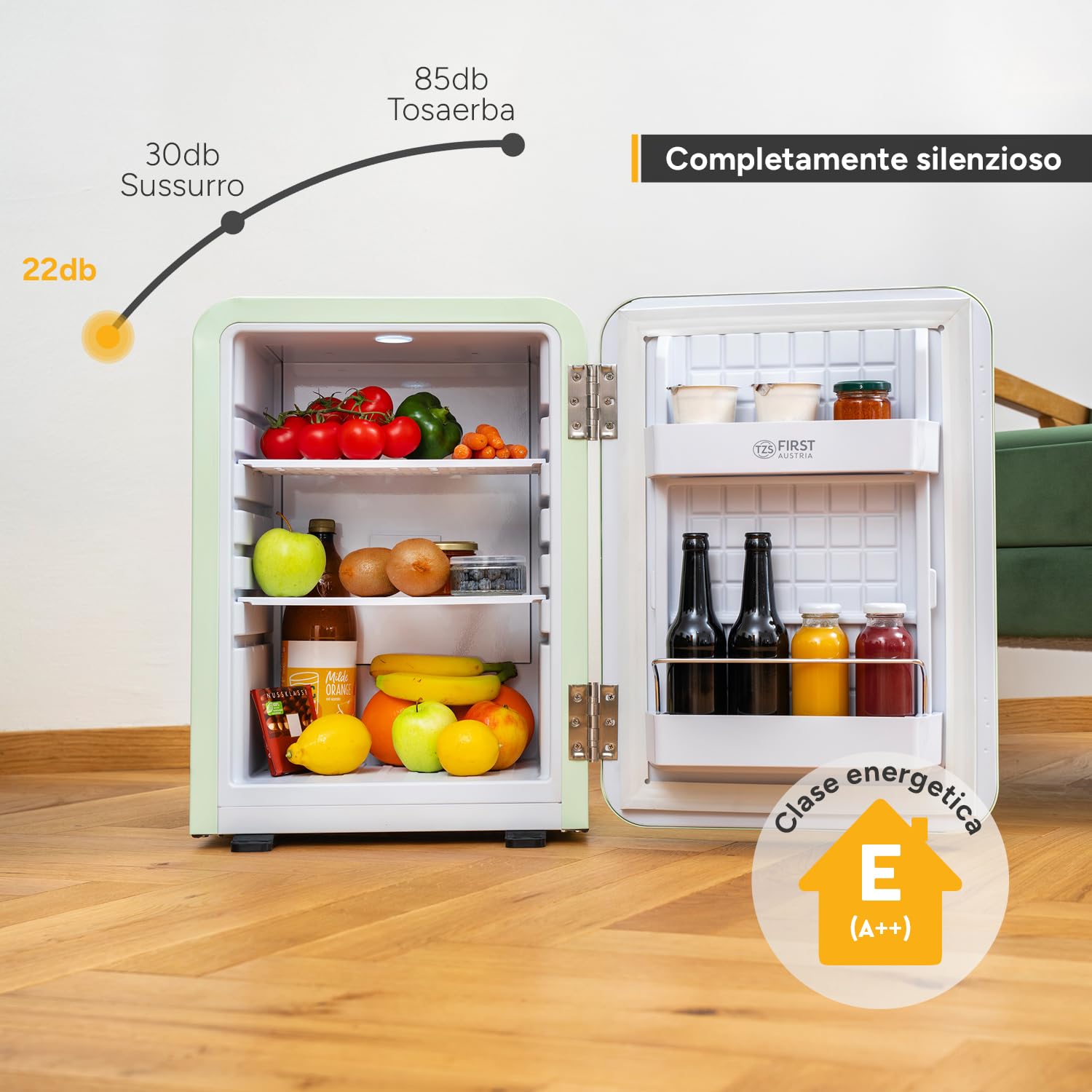 TZS First Austria - Mini Frigorifero Retrò 40L silenzioso - Piccolo Minifrigo design vintage con luce interna e 2 scomparti porta - Minibar per campeggio, ufficio, camera da letto e hotel - menta