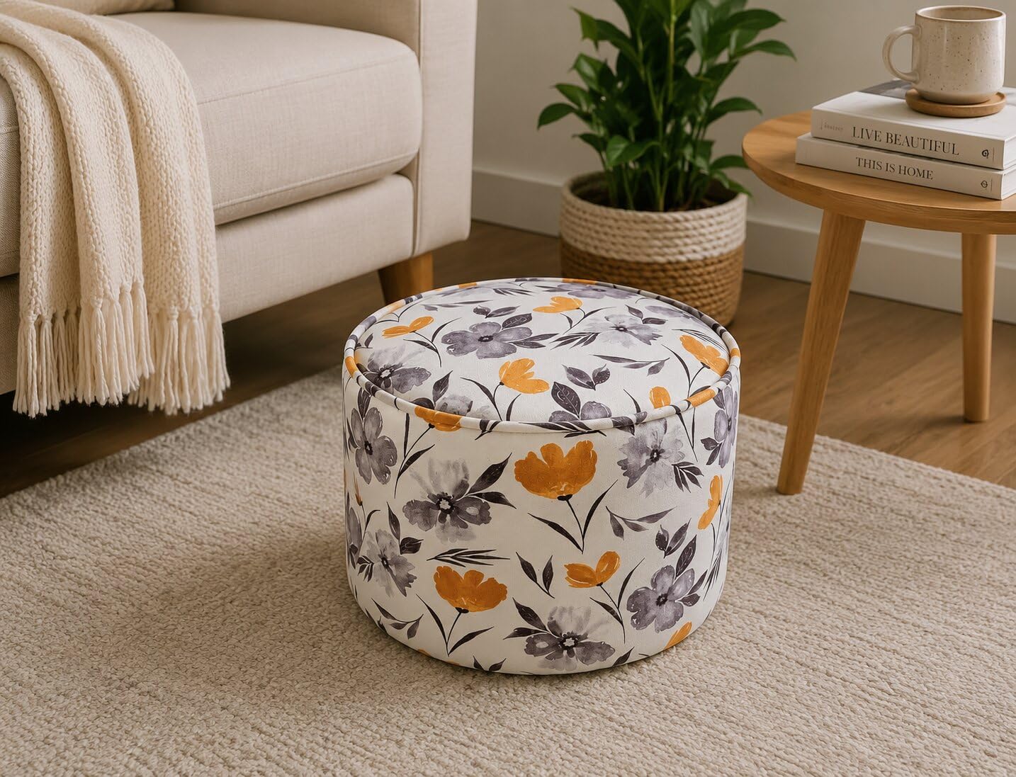 Round Boucle Ottoman Foot Rest Stool for Living Room, Bedroom & Vanity | Soft Teddy Fabric Upholstered Pouffe | Modern Footstool for Seating, Footrest & Accent Table (Printed)-image-28