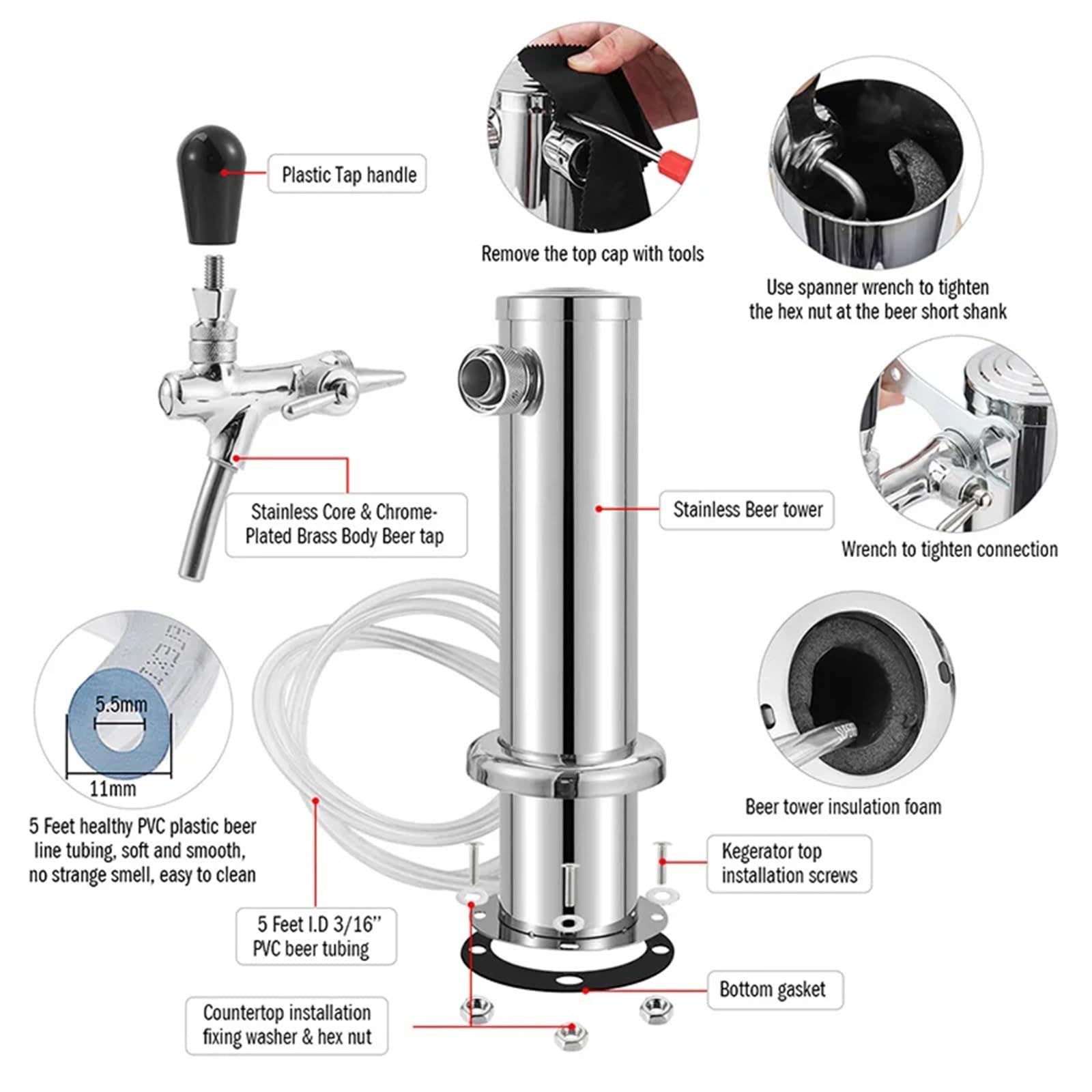 Tirador De Cerveza para Casa Torre de Cerveza, dispensador de Barril de Cerveza de un Solo Grifo, dispensador de Cerveza de Barril de Columna de 3 Pulgadas, con Kit de instalación Completo