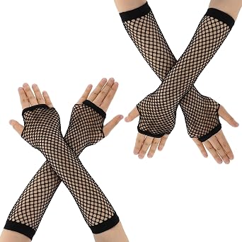 2 Pairs Fingerless Mesh Gloves Fishnet Gloves Long Neon Fingerless Fishnet Gloves Long Fishnet Mesh Gloves Fish Net Arm Sleeves 80s Party Cosplay Costume Accessories, Halloween Accessories Black