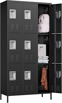 SISESOL Metal Lockers for Employees,Lockable Storage Locker with Shelf,Large Lockers for Storage with Leg,Gym Locker,Steel Employee lockers for Home Office School Gym Garage Black,9 Door