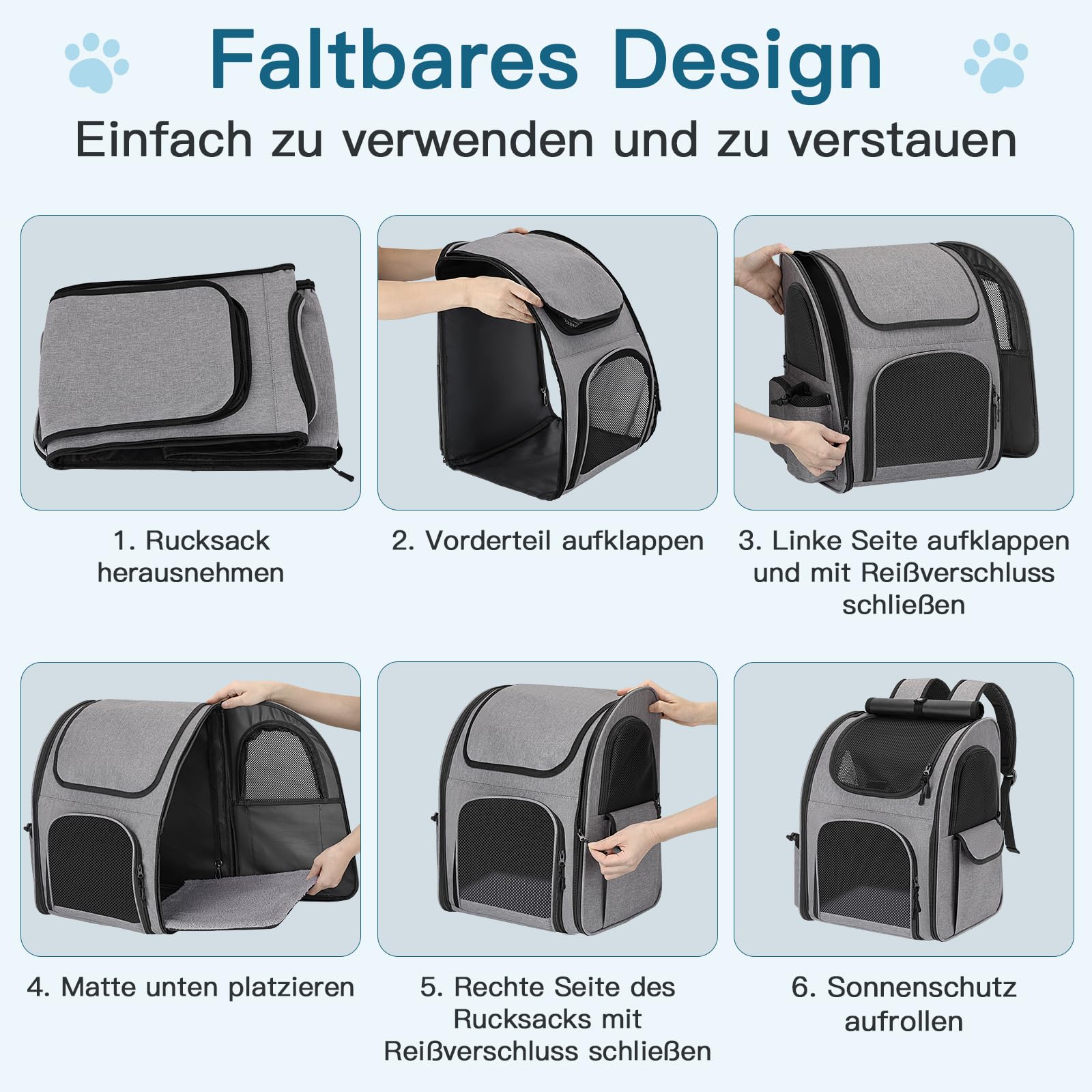 Hunderucksack bis 10kg, Haustier Rucksack mit Netzfenster, Faltbare Katzenrucksack Hunde Rucksack, Atmungsaktive und Leichte Dog Cat Backpack mit Innerer Sicherheitsleine und Haustiermatte - Grau