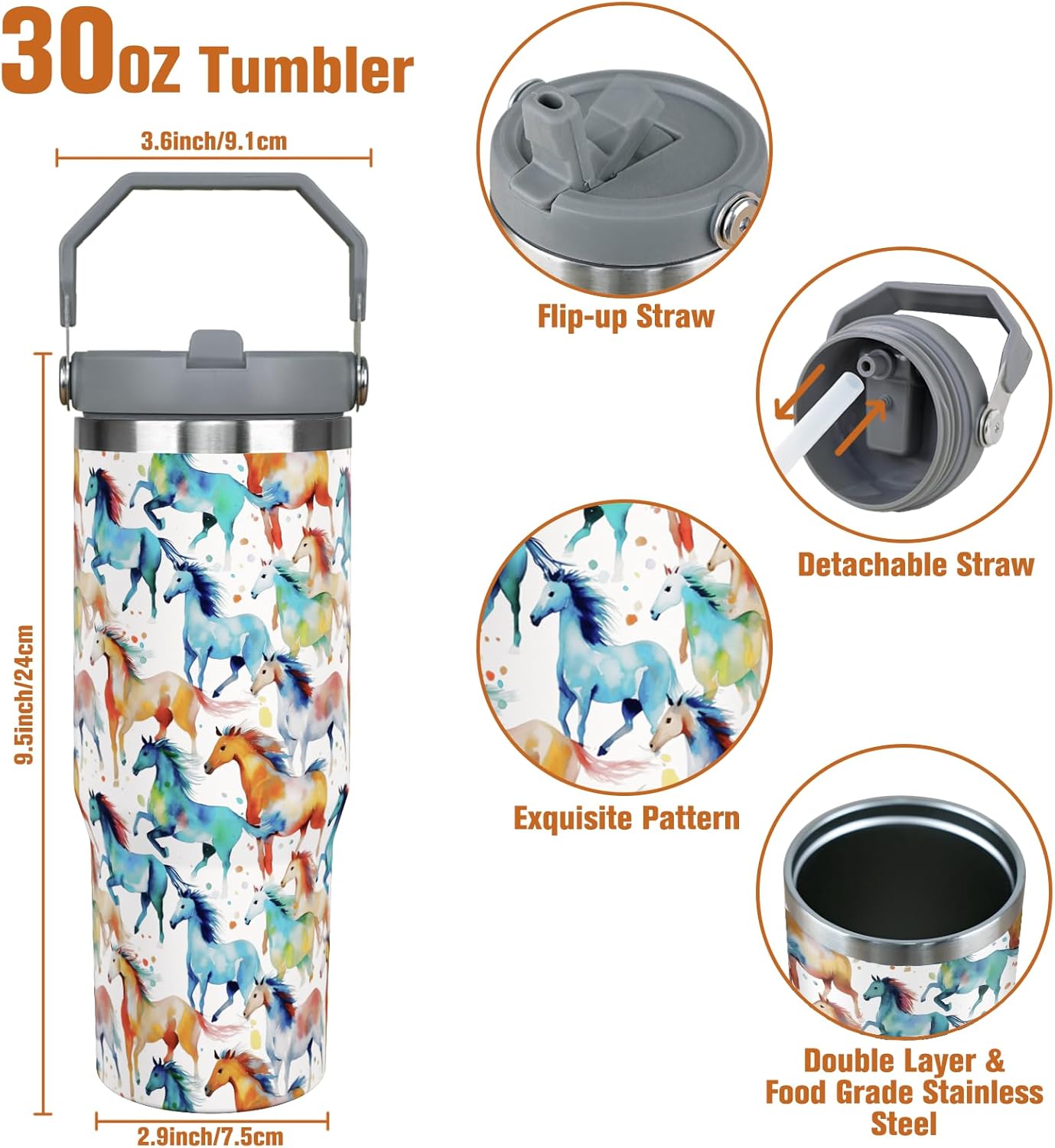 30 oz Horse Tumbler With Handle and Straw, 30oz Flip Straw Tumbler Insulated Coffee Travel Mugs Cup Water Bottle Gifts for Horse Lovers Women Girls - Image 3
