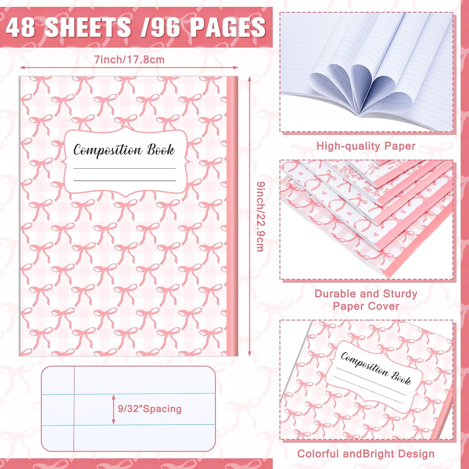 AmazingSpark 6 Pack Lefty Preppy Coquette Notebook, Composition, Pink Bow image 2