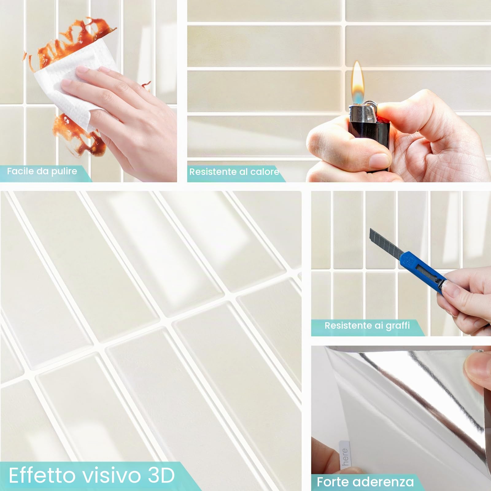 Piastrelle Adesive Cucina 3D, 10 Pezzi Mattonelle Adesive Cucina, Piastrelle Adesive Auto-adesive Impermeabili per Cucchi, Bagno, Decorazione Parete (22.9x29 cm)